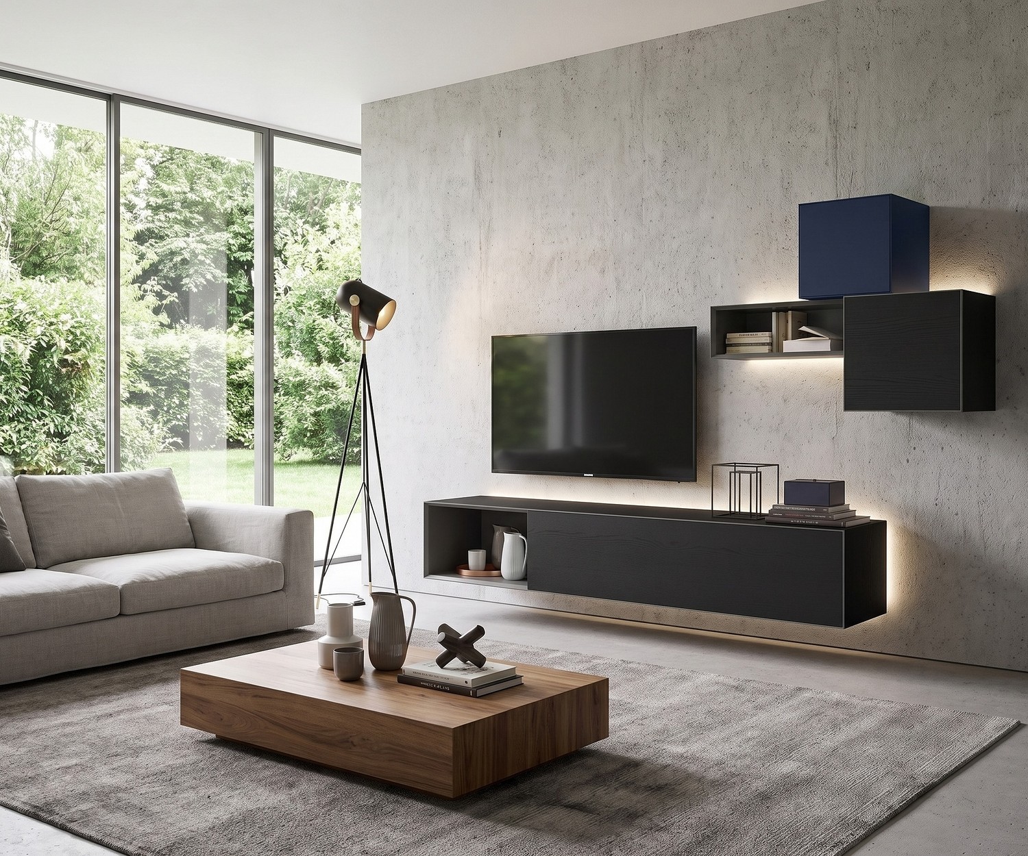 Zwevend tv-lowboard Minimal in donker eiken Livitalia Minimal zwevend tv-lowboard in donker eiken met led-verlichting voor een moderne minimalistische woonkamer.