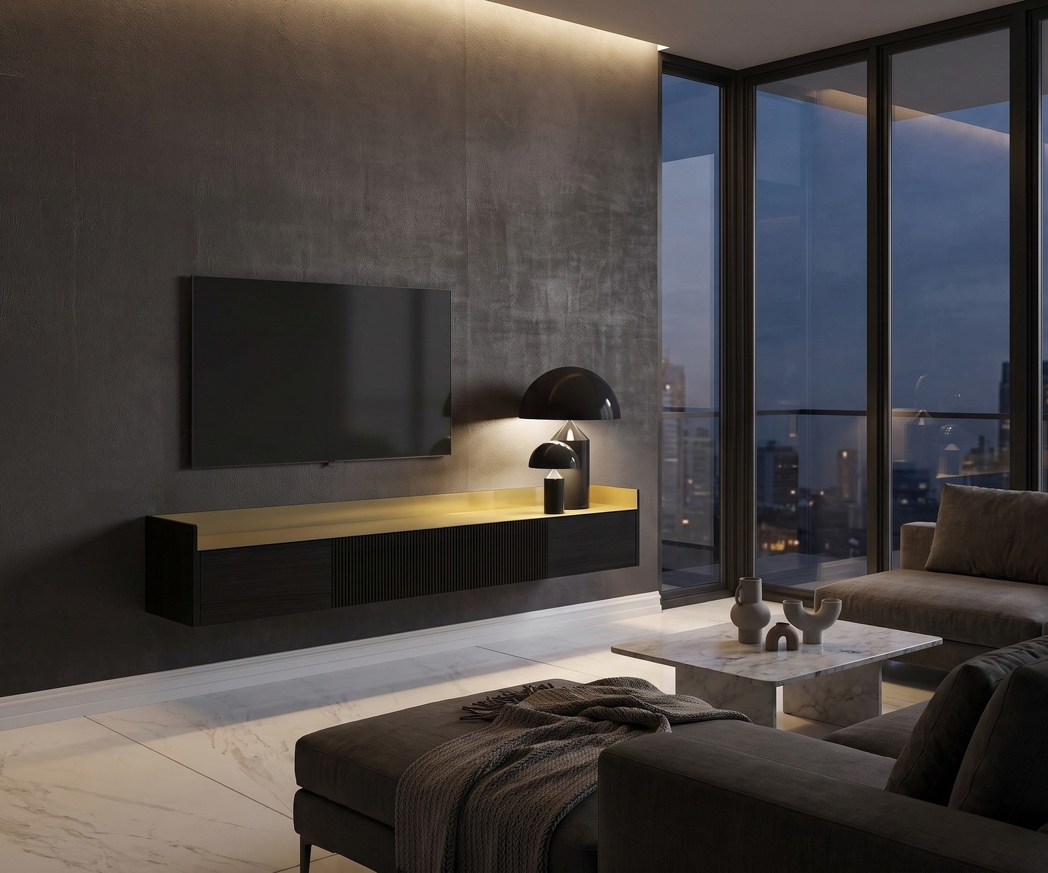 Punt Stockholm Slim Zwevend Tv-Meubel Punt Stockholm Slim zwevend tv-meubel van hout met gouden top in een modern interieur.