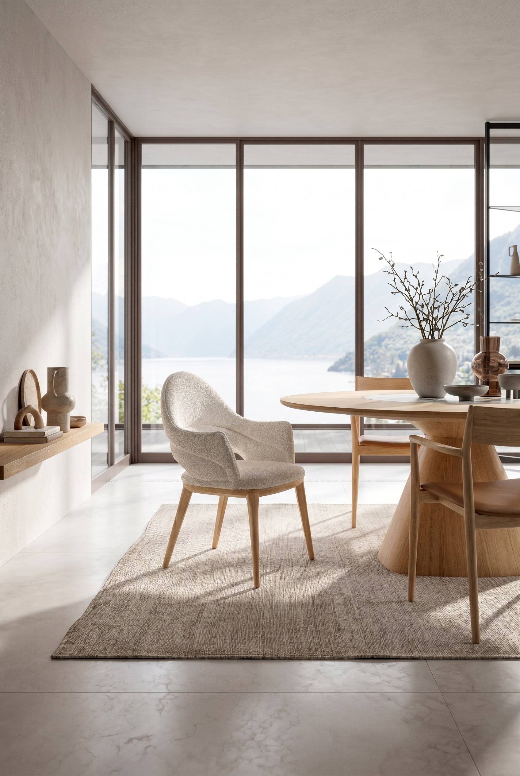 Salle &agrave; manger lumineuse avec chaise Ozzio Baia en tissu boucl&eacute; clair autour d'une table ronde en bois sous lumi&egrave;re naturelle