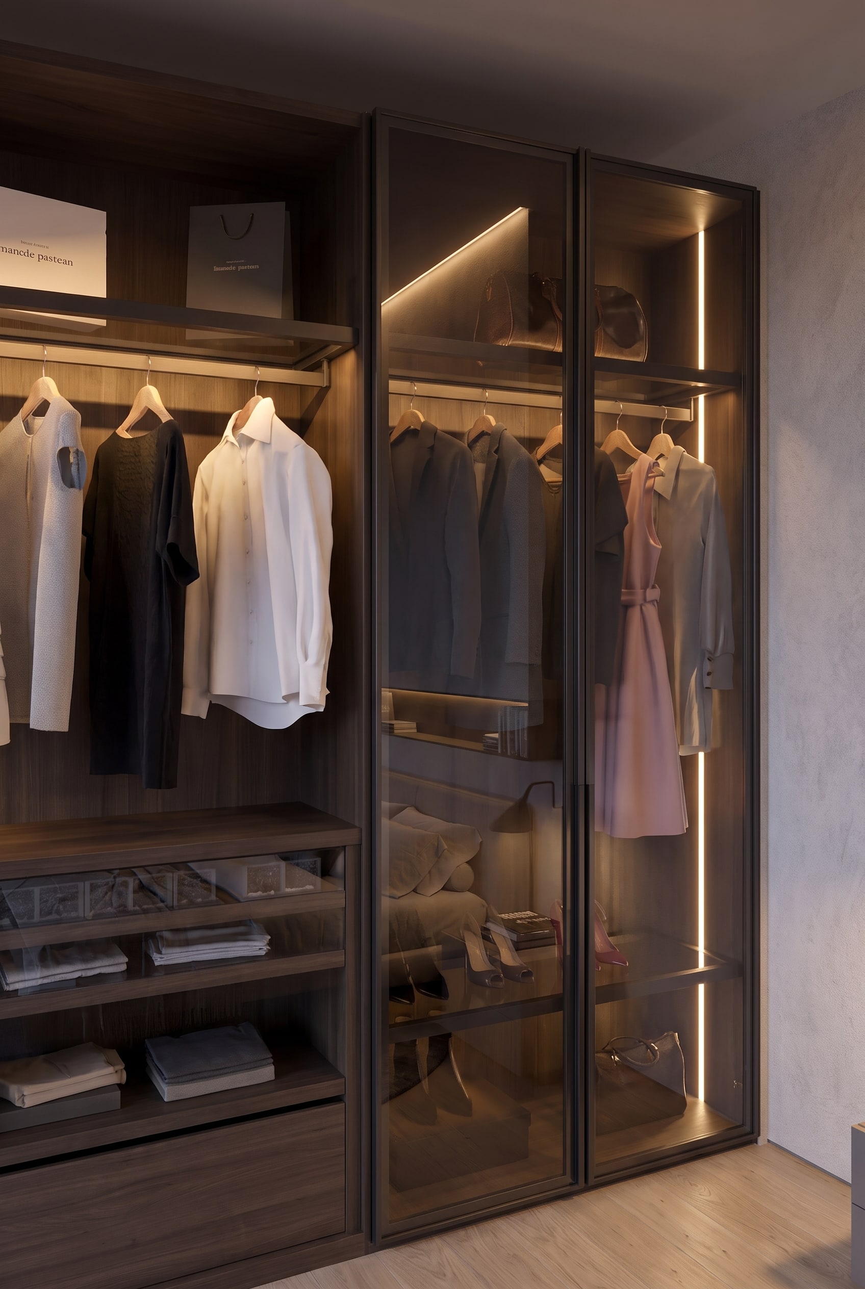 Vue d&eacute;taill&eacute;e de portes en verre fum&eacute; fonc&eacute; d'une armoire avec &eacute;clairage int&eacute;rieur LED blanc chaud et v&ecirc;tements suspendus.