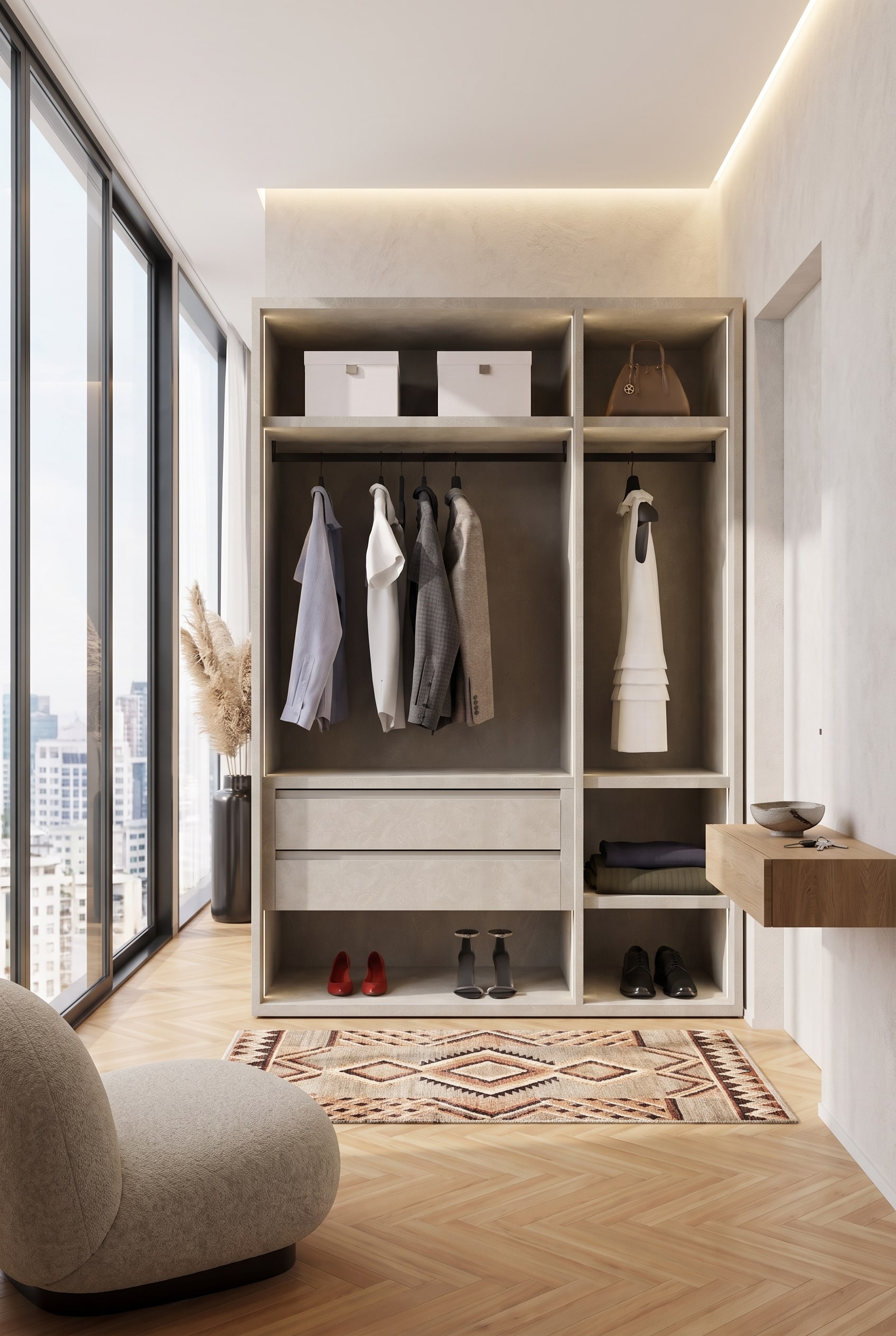Couloir lumineux avec module d'armoire ouvert en bois de chêne, manteaux soigneusement suspendus et un tapis géométrique