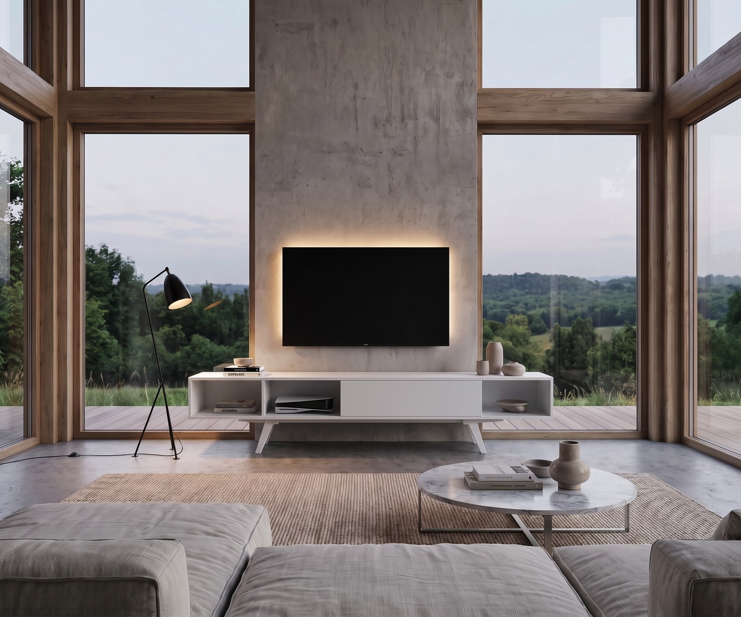 Modern wit design tv-lowboard e-klipse 005 TV-lowboard e-klipse 005 voor de woonkamer. Modern wit design tv-meubel onder een televisie in een licht interieur.