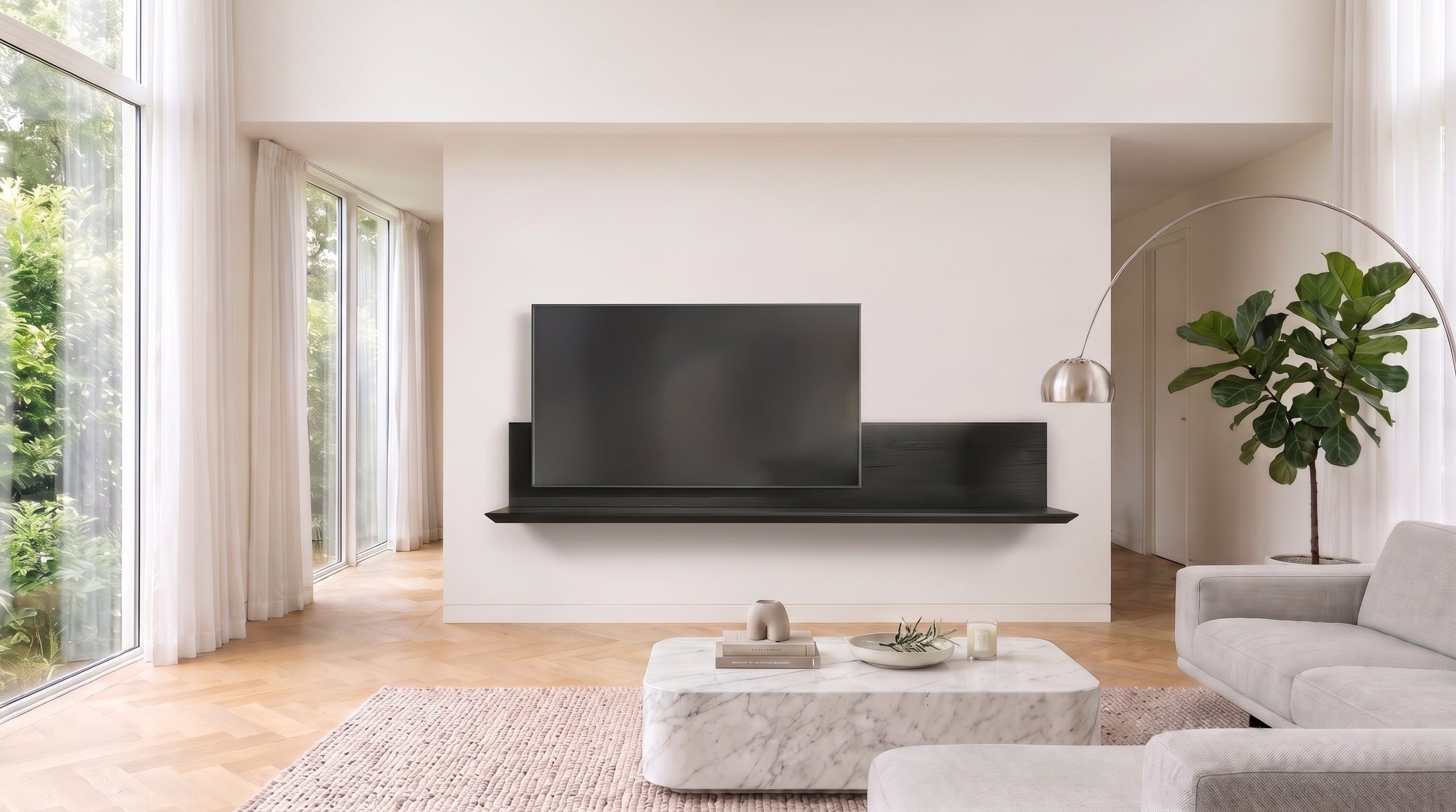 Meuble TV mural Livitalia en aspect bois fonc&eacute; avec t&eacute;l&eacute;vision sur un mur de salon clair