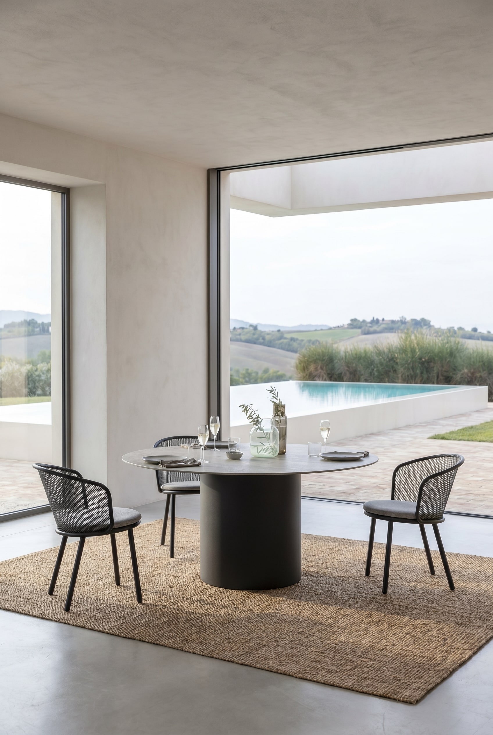 Table à manger Todus Branta filigrane sur une terrasse estivale, dressée avec de la vaisselle en céramique raffinée
