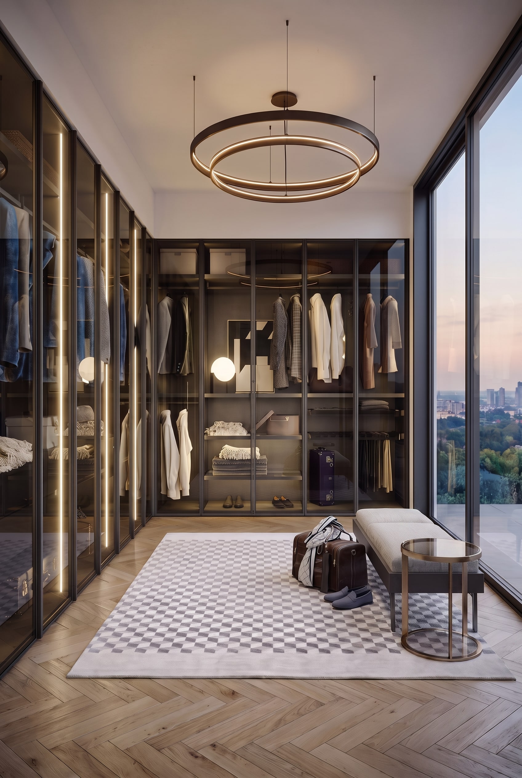 Dressing Novamobili Perry avec fa&ccedil;ades en verre fum&eacute;, banc et tapis g&eacute;om&eacute;trique dans une pi&egrave;ce luxueuse avec de grandes fen&ecirc;tres.