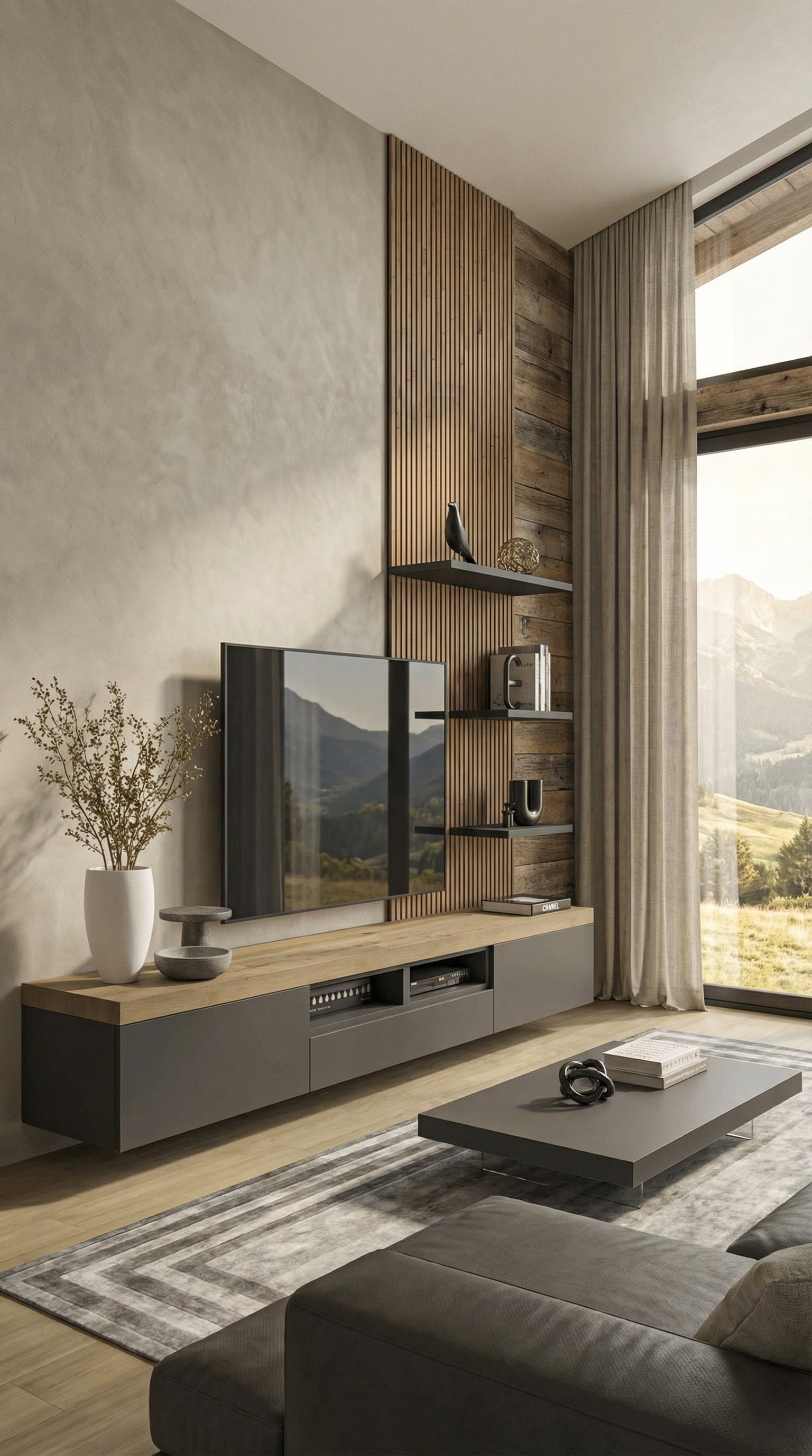 Modern mat gelakt lowboard met een elegante houten afdekplaat in luxe chaletstijl Modern mat gelakt lowboard met een elegante houten afdekplaat in luxe chaletstijl