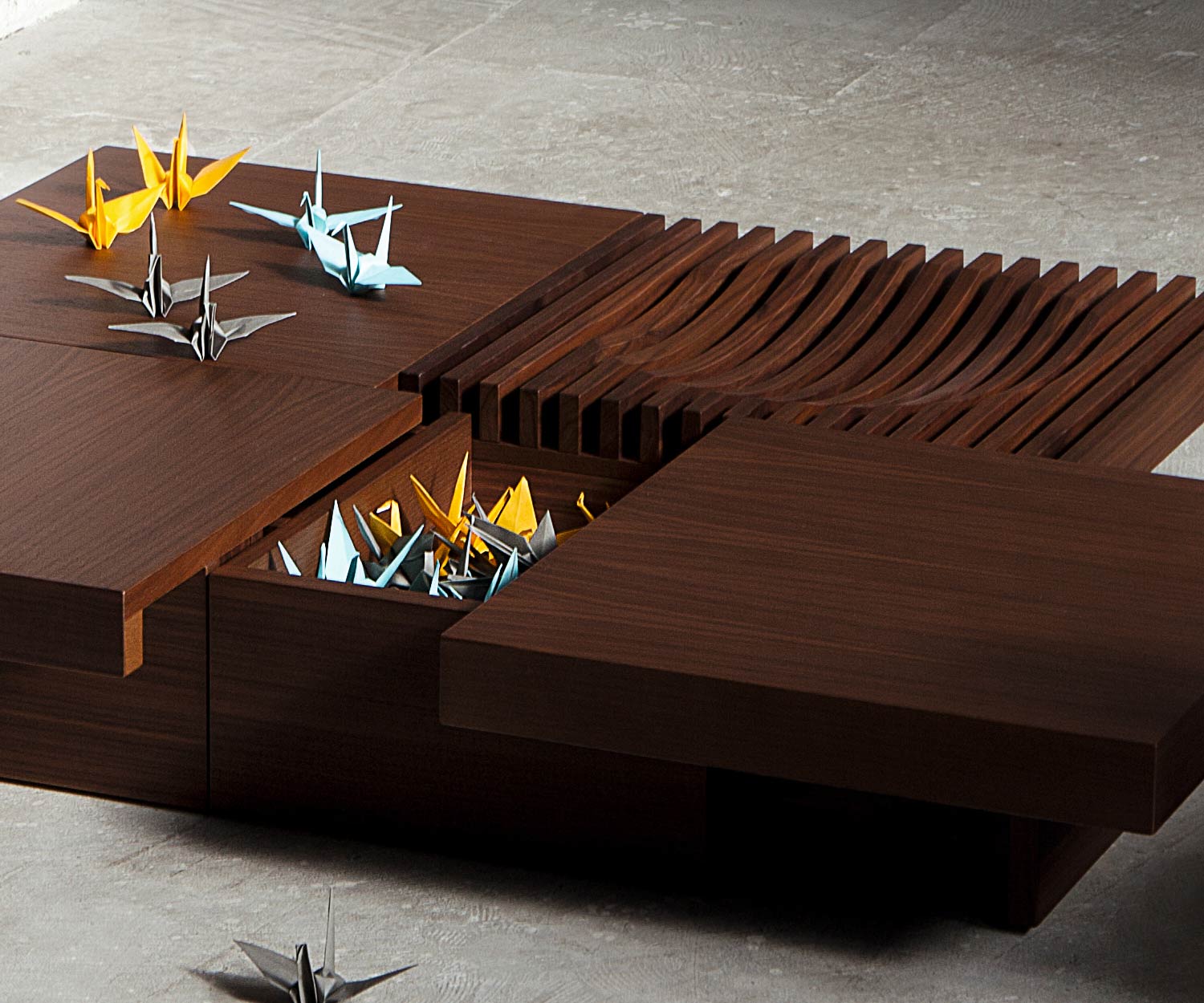 Moderne Conde House Barringer designtafel met verborgen compartiment dat open is
