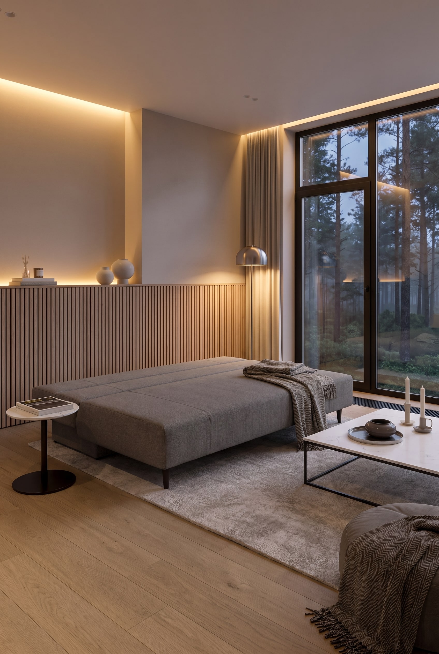 Chambre lumineuse avec un canap&eacute;-lit &eacute;l&eacute;gant et lin&eacute;aire en gris clair et une petite console en bois