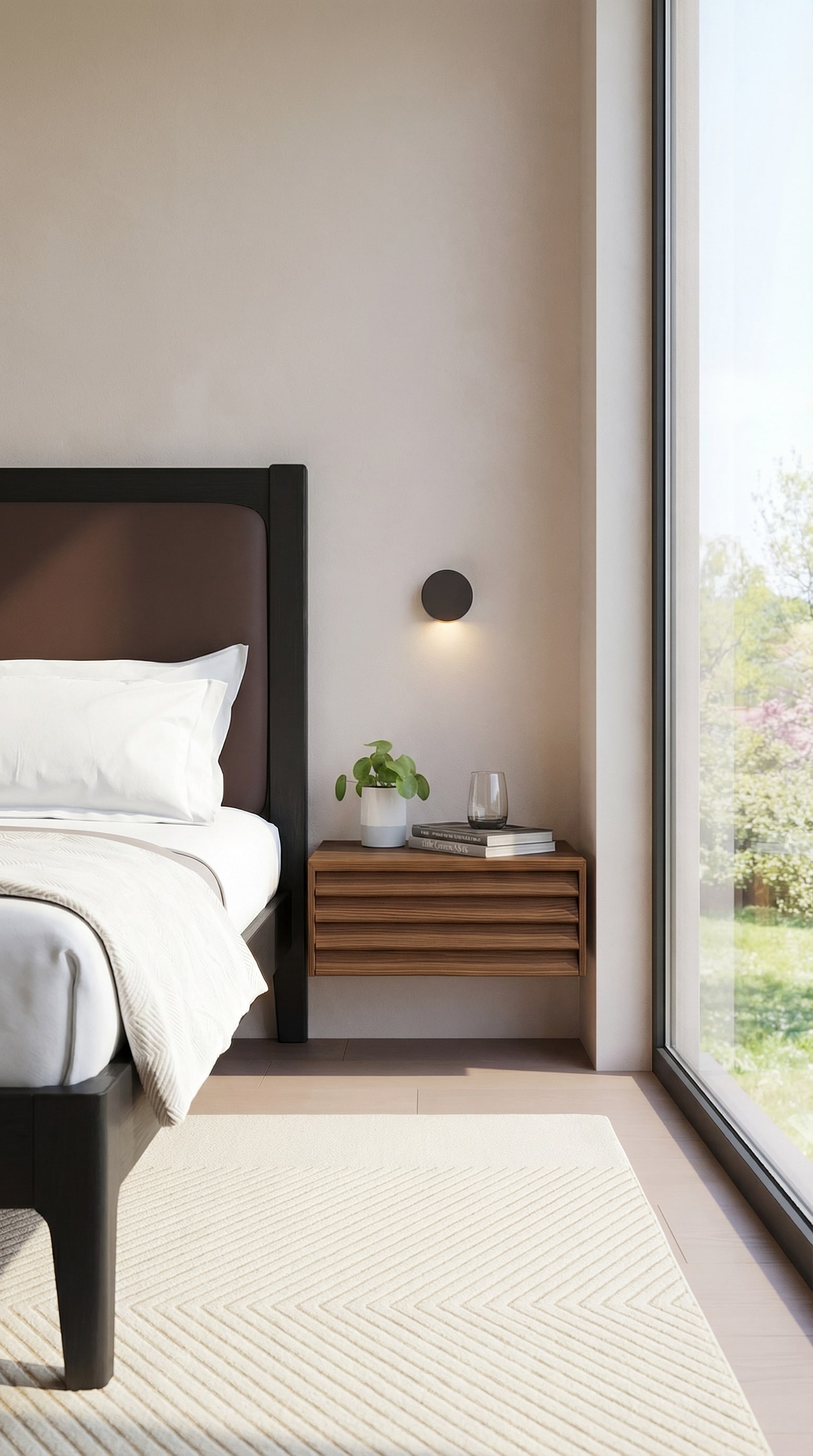 Zwevend nachtkastje van donker notenhout naast een comfortabel bed Zwevend nachtkastje van donker notenhout naast een comfortabel bed