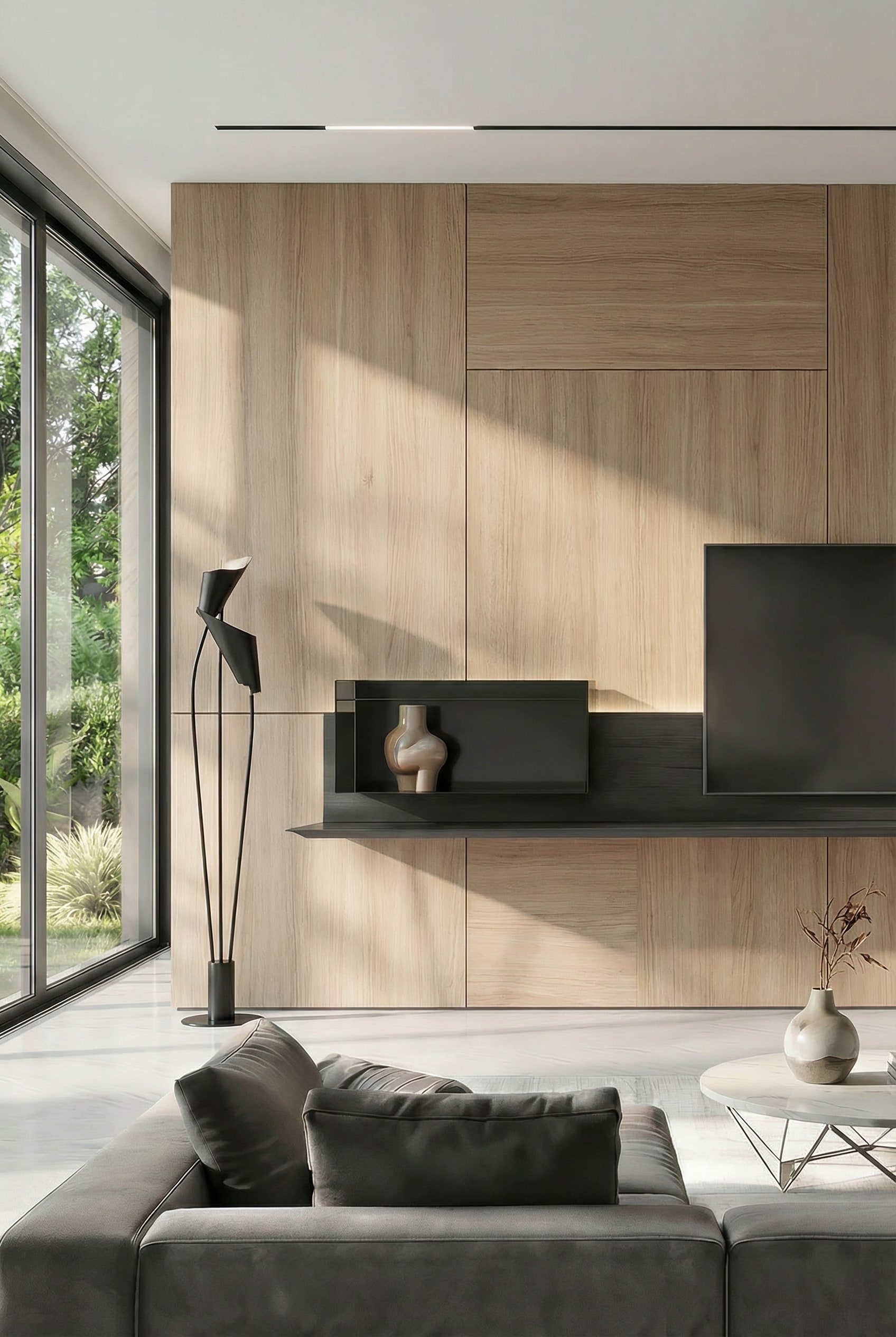 Asymmetrisch TV Wandboard met versprongen plankniveaus