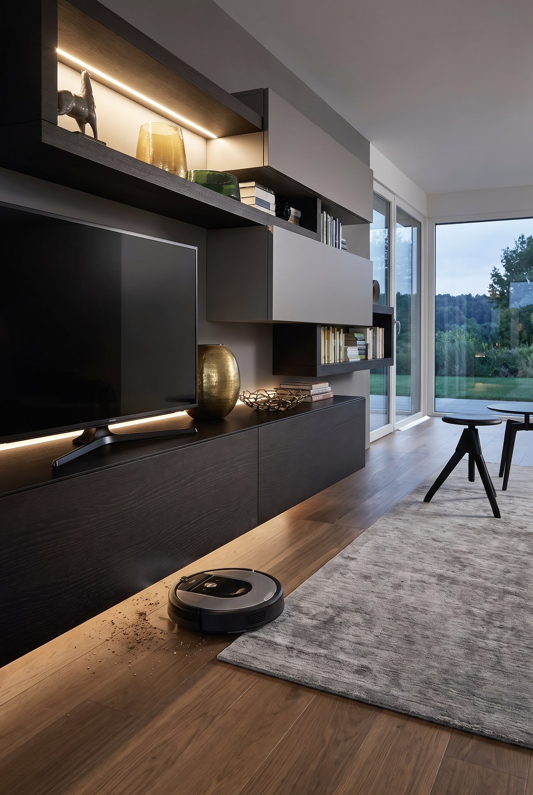 Un meuble TV imposant et posé au sol repose à plat sur un parquet en chêne, tandis qu'un robot aspirateur s'arrête devant et que la poussière s'accumule dans le joint avec le mur.