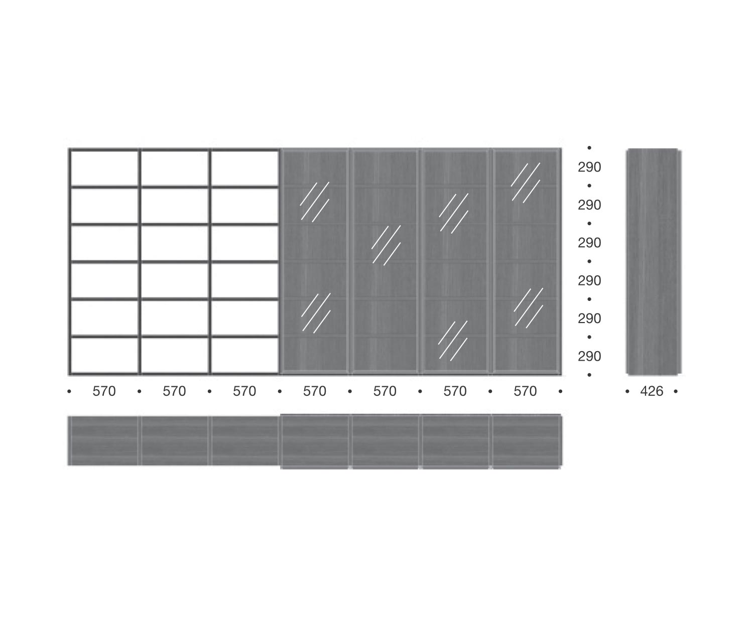 Design boekenkast Glazen deuren Ruimteverdeler Afmetingen C91 Schets Maten Informatie over de afmetingen