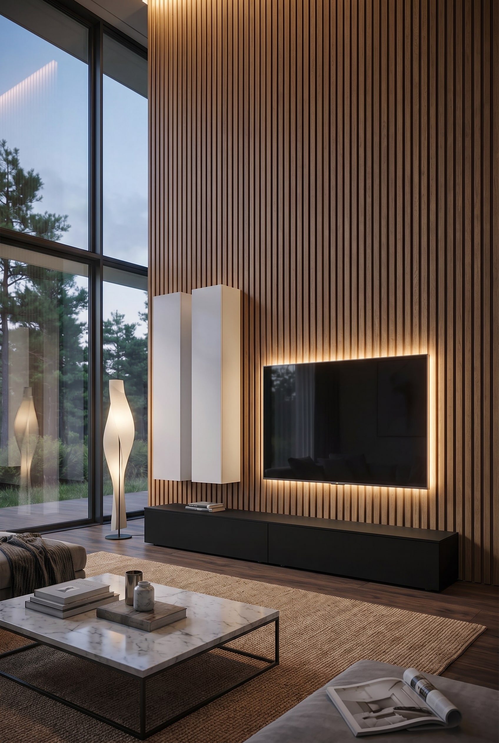 Salon avec hauteur sous plafond accentu&eacute;e par des lamelles de ch&ecirc;ne verticales, flanqu&eacute;es d'un meuble TV asym&eacute;trique en noir