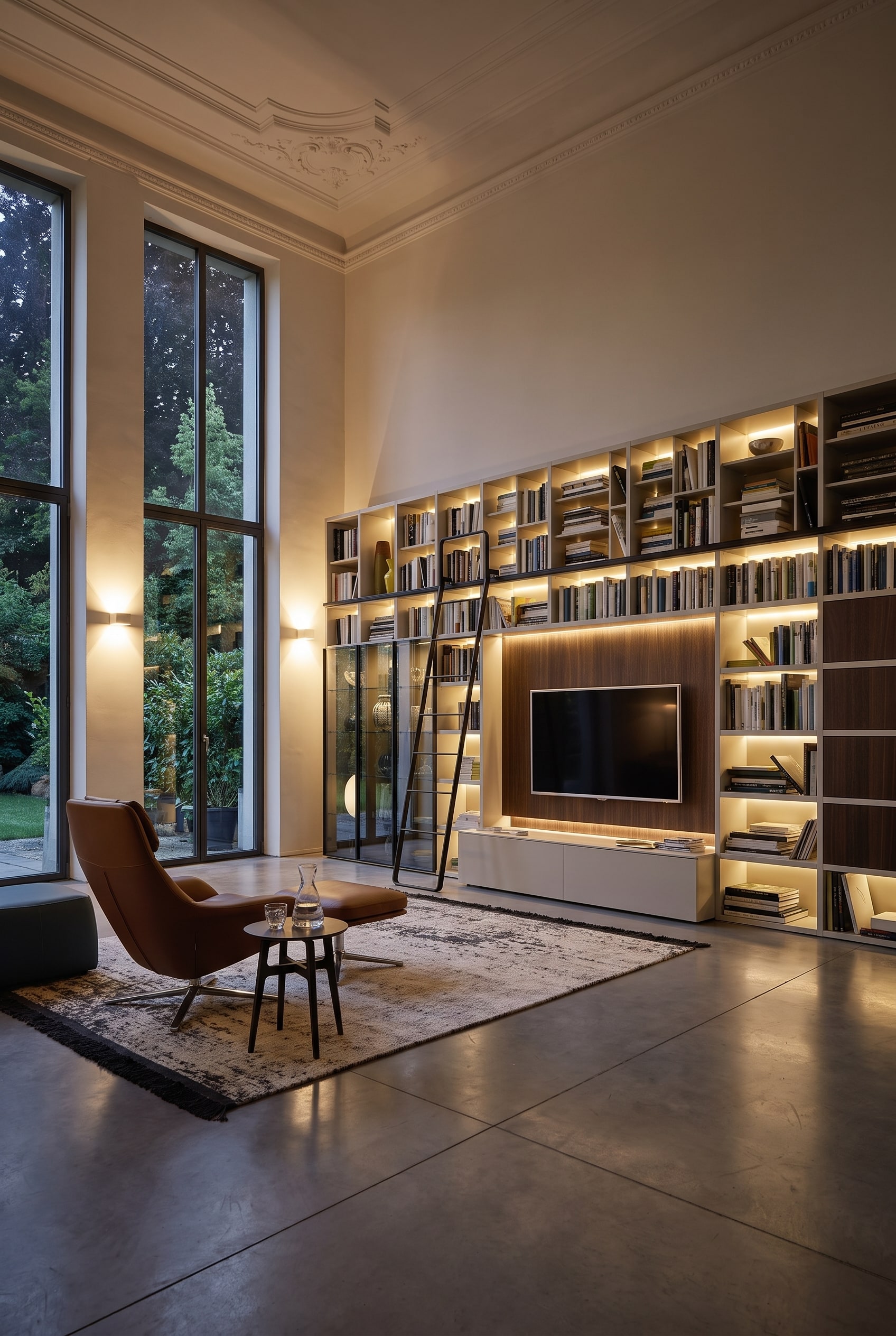 Salon &eacute;l&eacute;gant dans un b&acirc;timent ancien avec une biblioth&egrave;que sur mesure pleine hauteur, une &eacute;chelle coulissante m&eacute;tallique et un coin lecture confortable