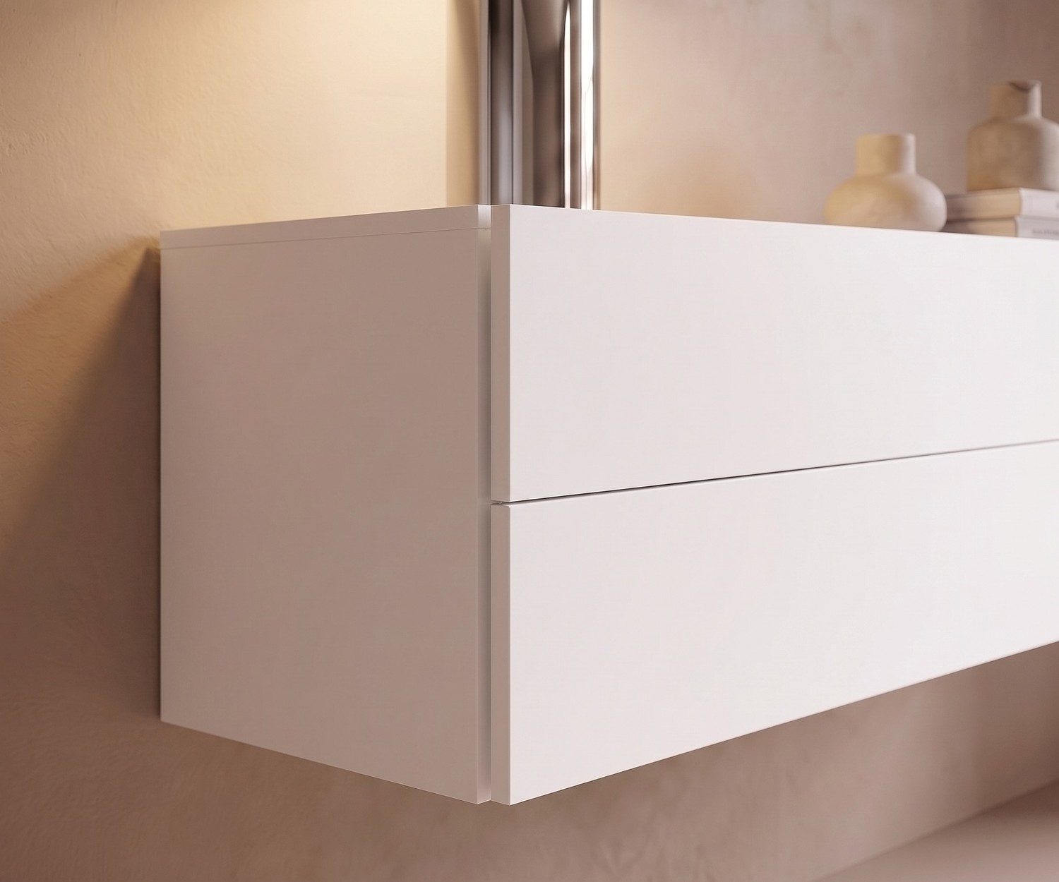 Novamobili Easy zwevend ladekastje in mat wit Novamobili Easy hangend ladekastje voor de slaapkamer, mat wit zwevend nachtkastje met greeploze laden.