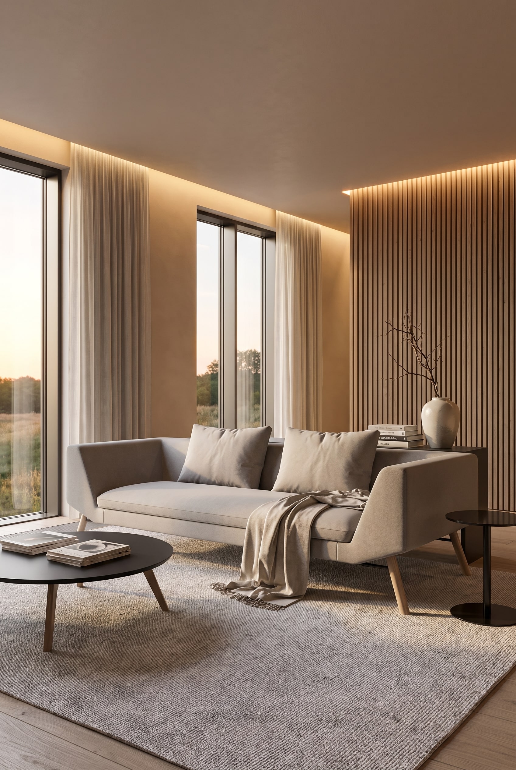Salon moderne avec des murs mats couleur sable, de grandes fen&ecirc;tres et un canap&eacute; gris lin&eacute;aire sur pieds en bois