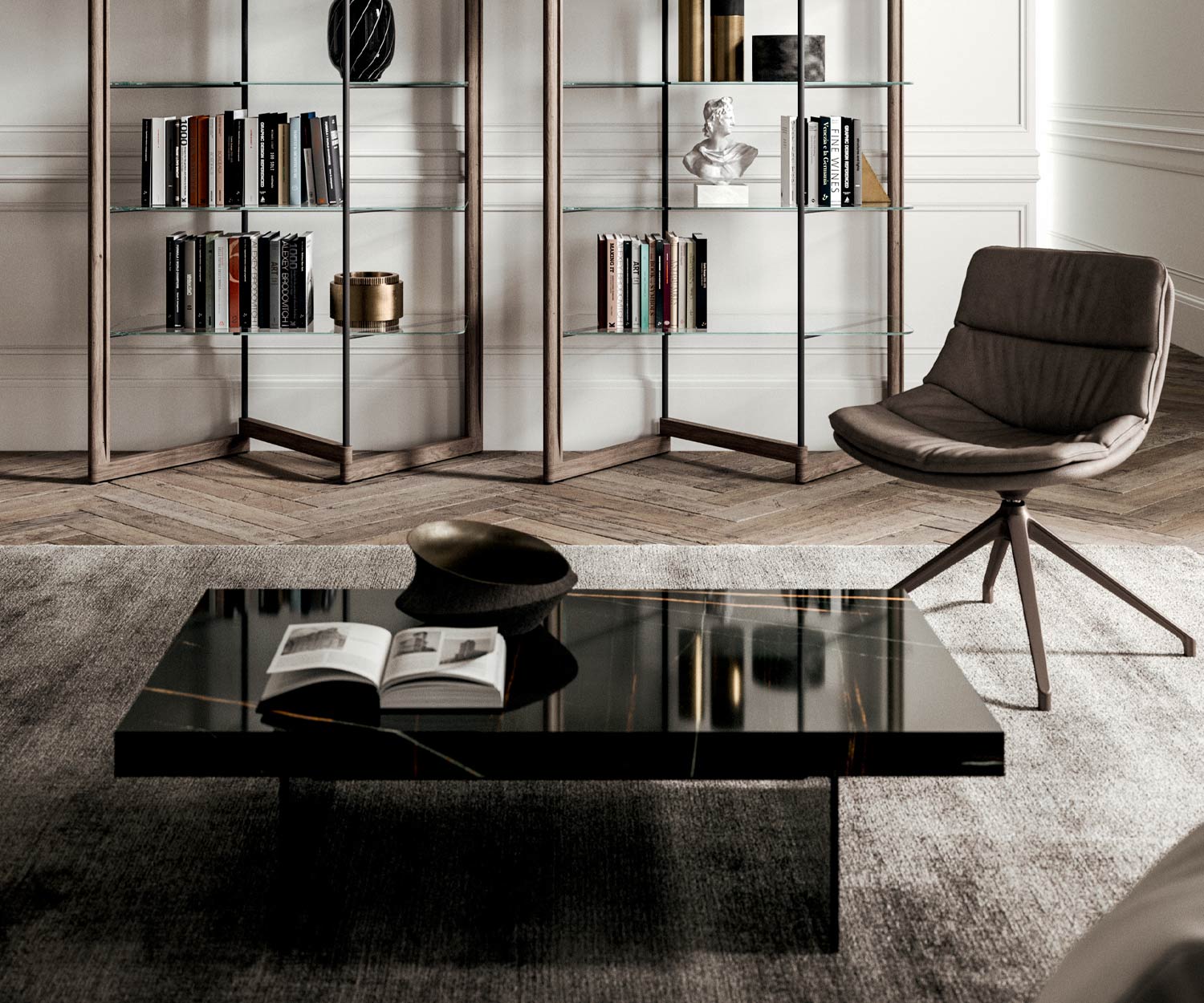 Plateau de table noir Bellagio Table basse de Ozzio fermée dans le salon Plateau de table noir Bellagio Table basse de Ozzio fermée dans le salon