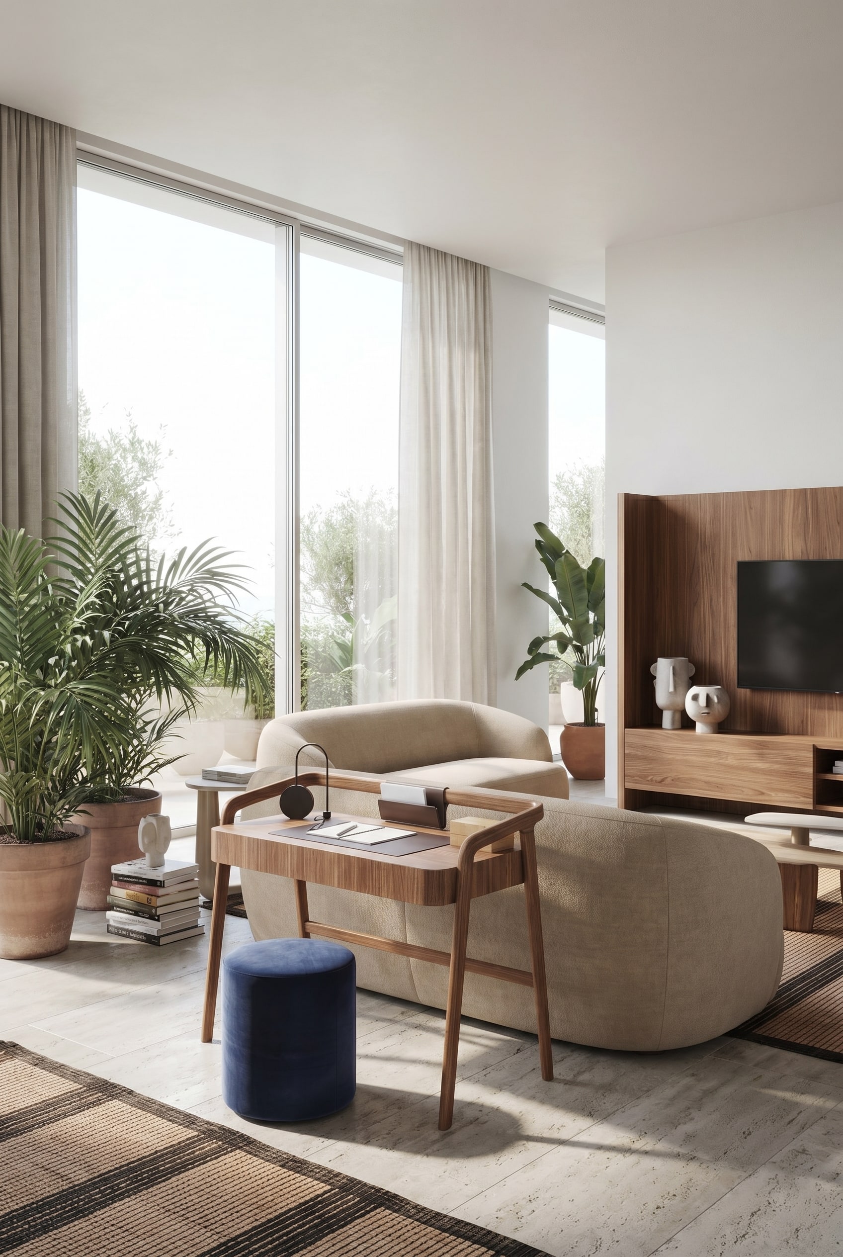 Salon minimaliste avec élégant bureau en noyer et pouf rembourré beige