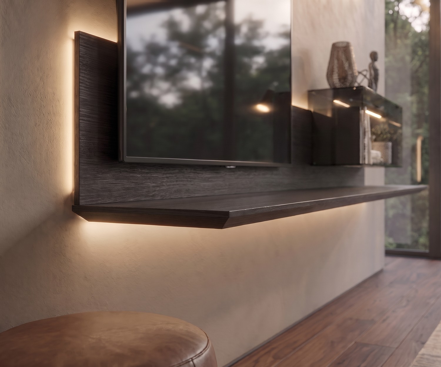 Meuble TV mural suspendu Super par Livitalia avec éclairage LED dans un salon moderne en chêne noir.