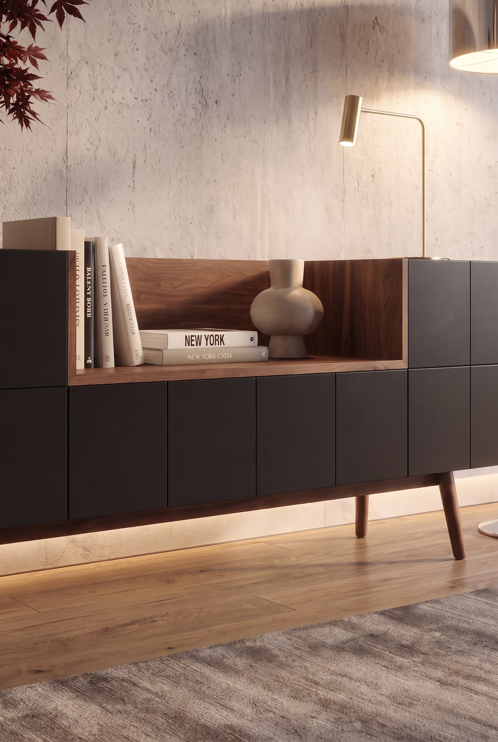 Nahaufnahme des Sideboards mit Büchern, Keramikvase und einer eingeschalteten goldenen Tischleuchte, die das Holz warm anstrahlt.