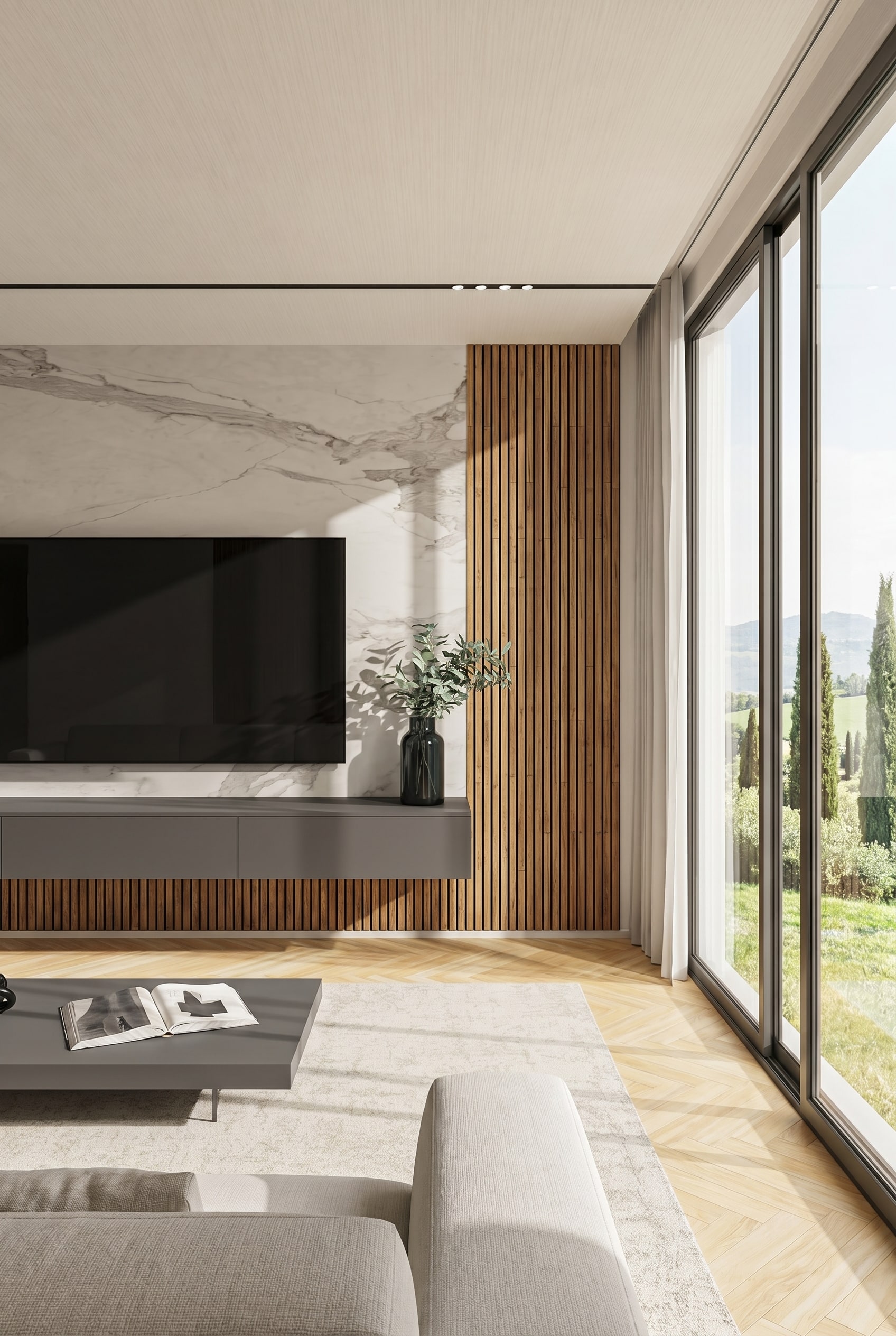 &Eacute;l&eacute;gant ensemble mural avec des lamelles de bois verticales et une surface en c&eacute;ramique claire sous la lumi&egrave;re printani&egrave;re