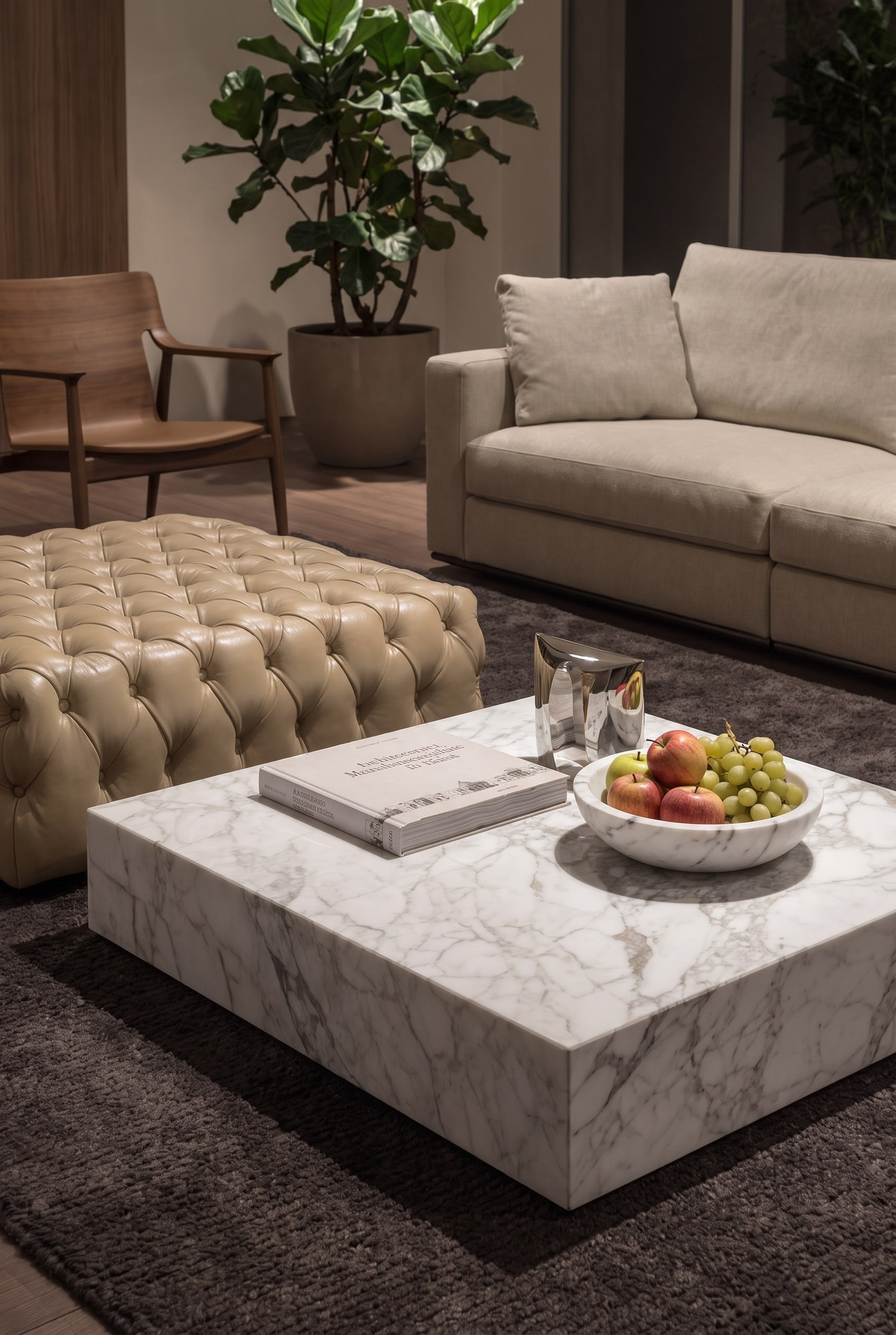 Nahaufnahme eines massiven Couchtischs aus hellem Marmor, platziert auf einem weichen, dunklen Wollteppich