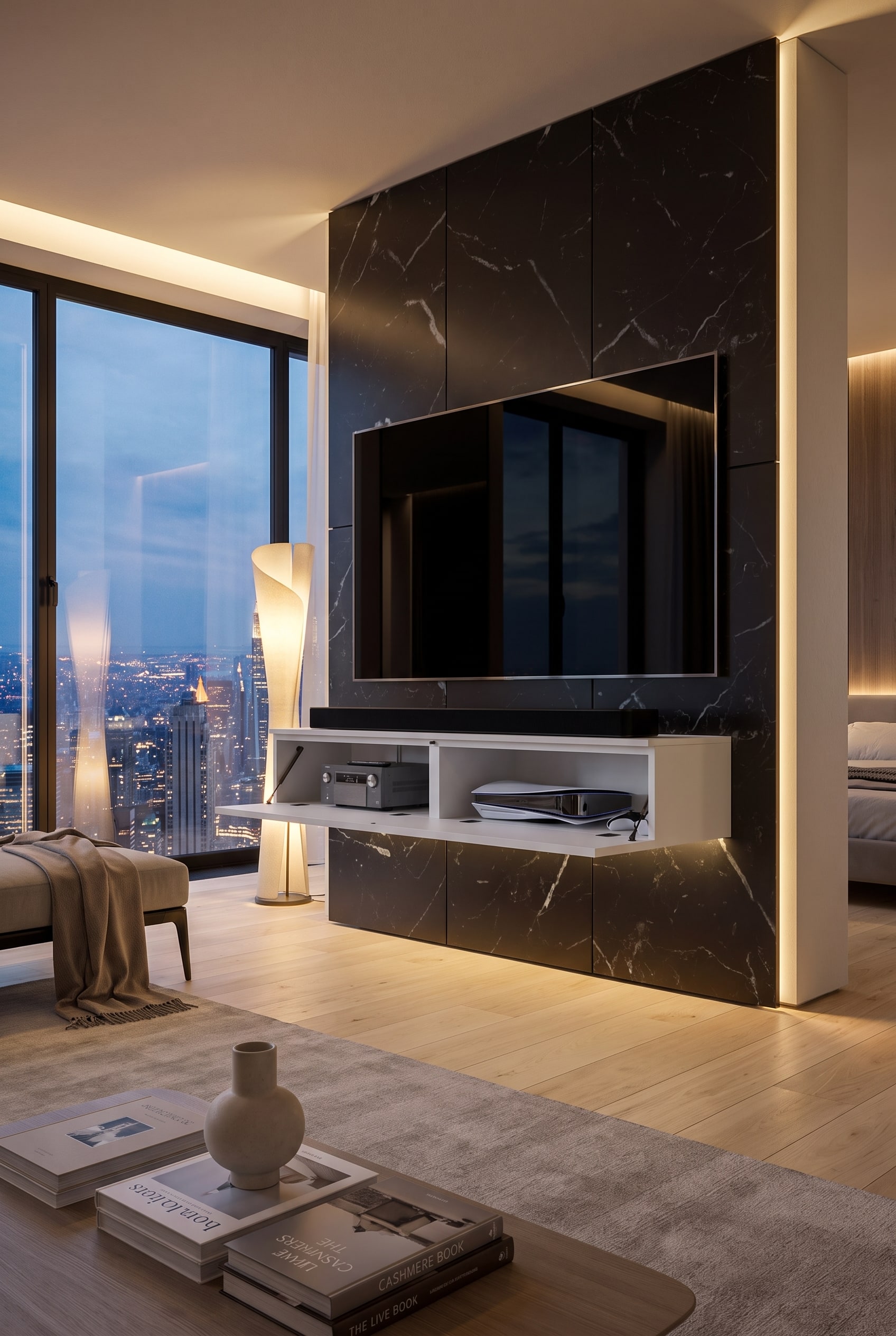 Vue d'un meuble bas moderne avec gestion intelligente des câbles, séparant élégamment la technologie et l'espace de rangement.