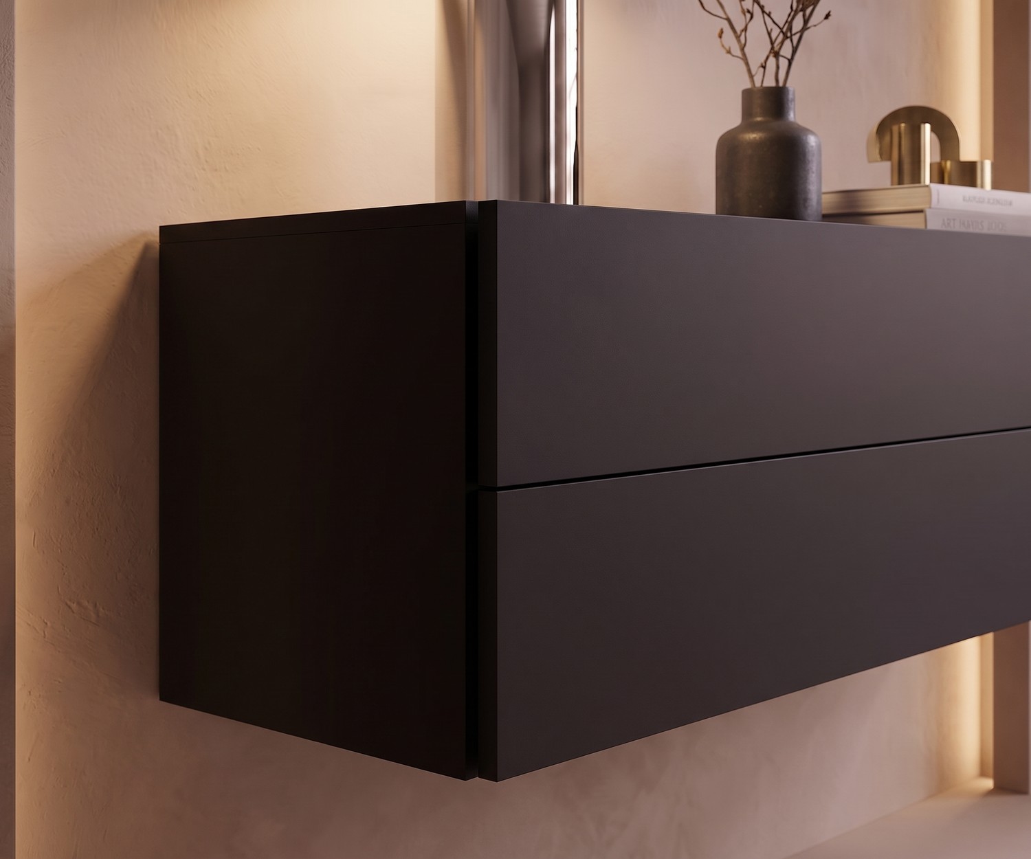Commode suspendue de chambre Easy par Novamobili en noir mat, meuble de rangement mural moderne avec deux tiroirs.
