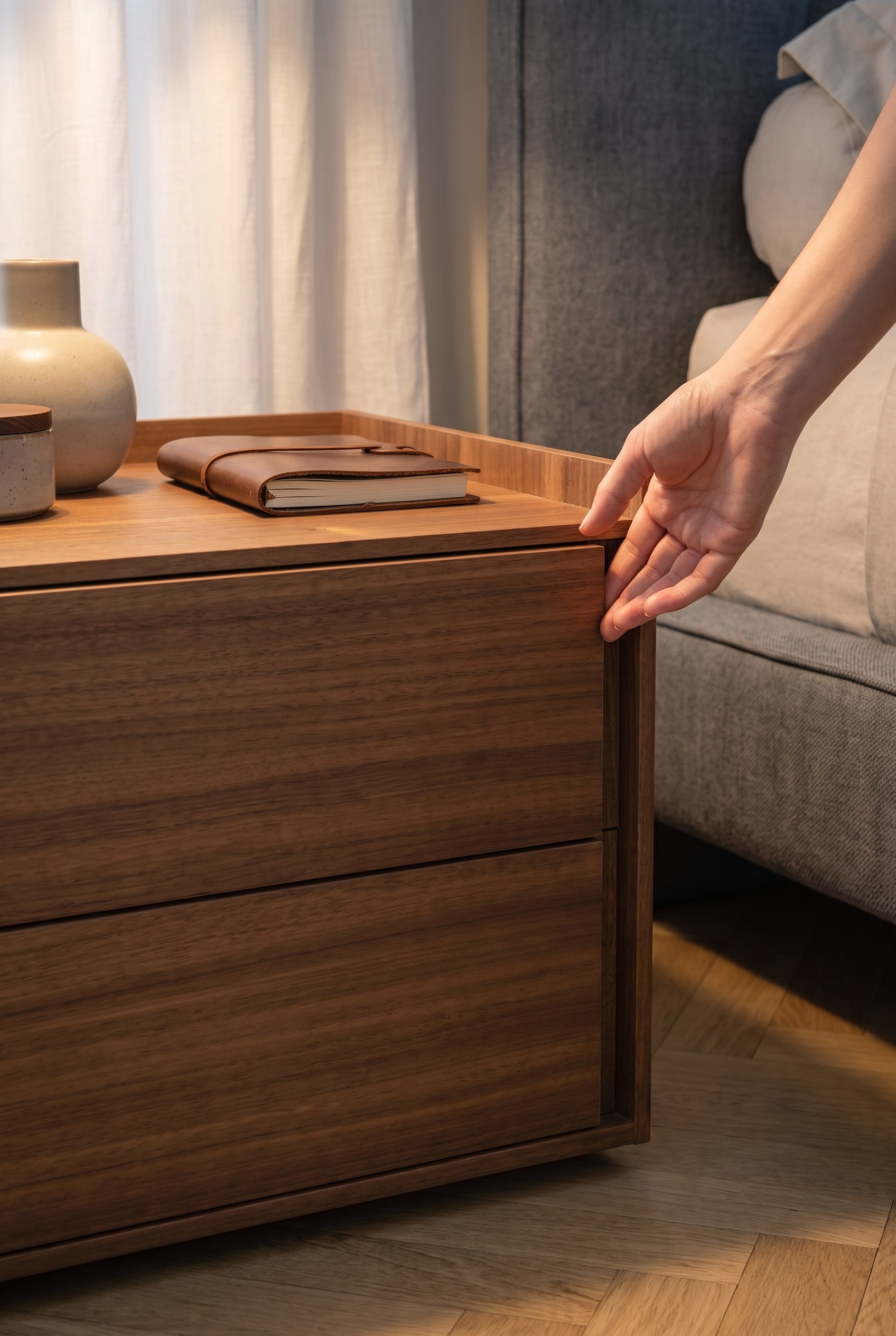 Une table de chevet moderne sans poign&eacute;e avec une poign&eacute;e encastr&eacute;e &eacute;l&eacute;gamment frais&eacute;e, qui s&eacute;duit par son design minimaliste.