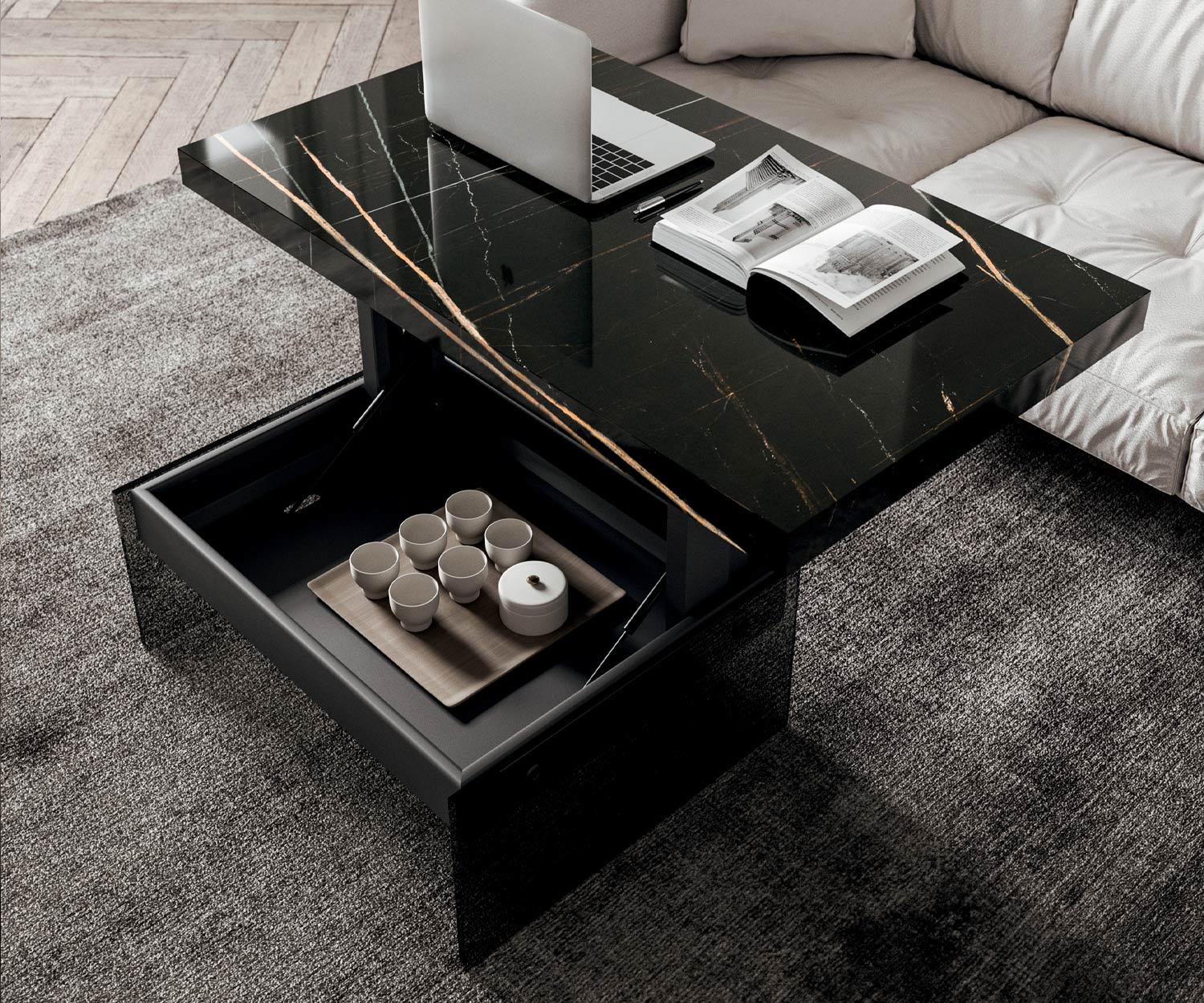 Open Bellagio salontafel van Ozzio met zwart marmeren glazen tafelblad Open Bellagio salontafel van Ozzio met zwart marmeren glazen tafelblad