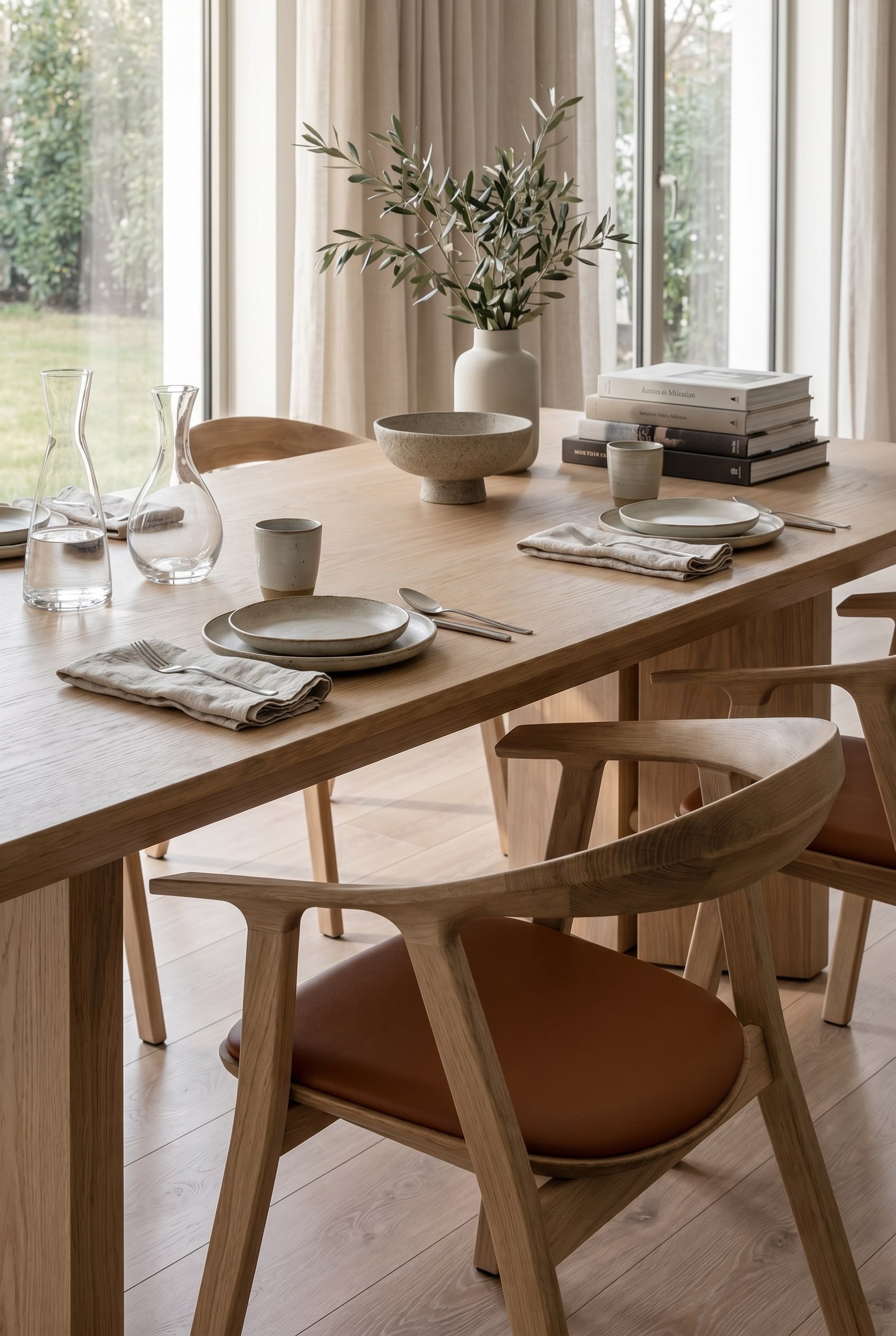 Fauteuil sculptural en bois avec rembourrage en cuir cognac montrant une distance pr&eacute;cise par rapport au bord massif de la table