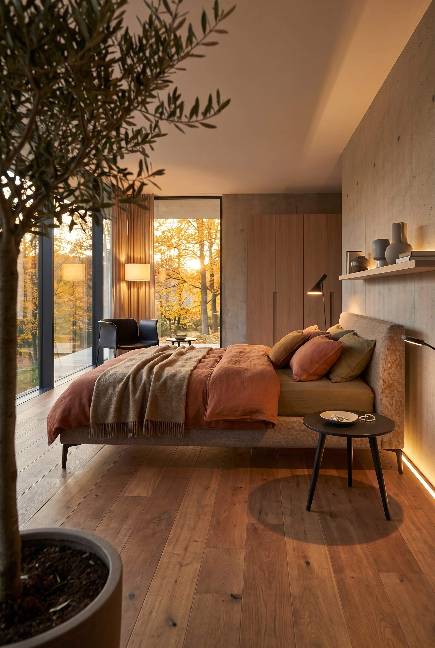 Table d'appoint minimaliste avec des pieds filigranes sur un parquet clair &agrave; c&ocirc;t&eacute; d'un lit confortable, ce qui agrandit visuellement la pi&egrave;ce