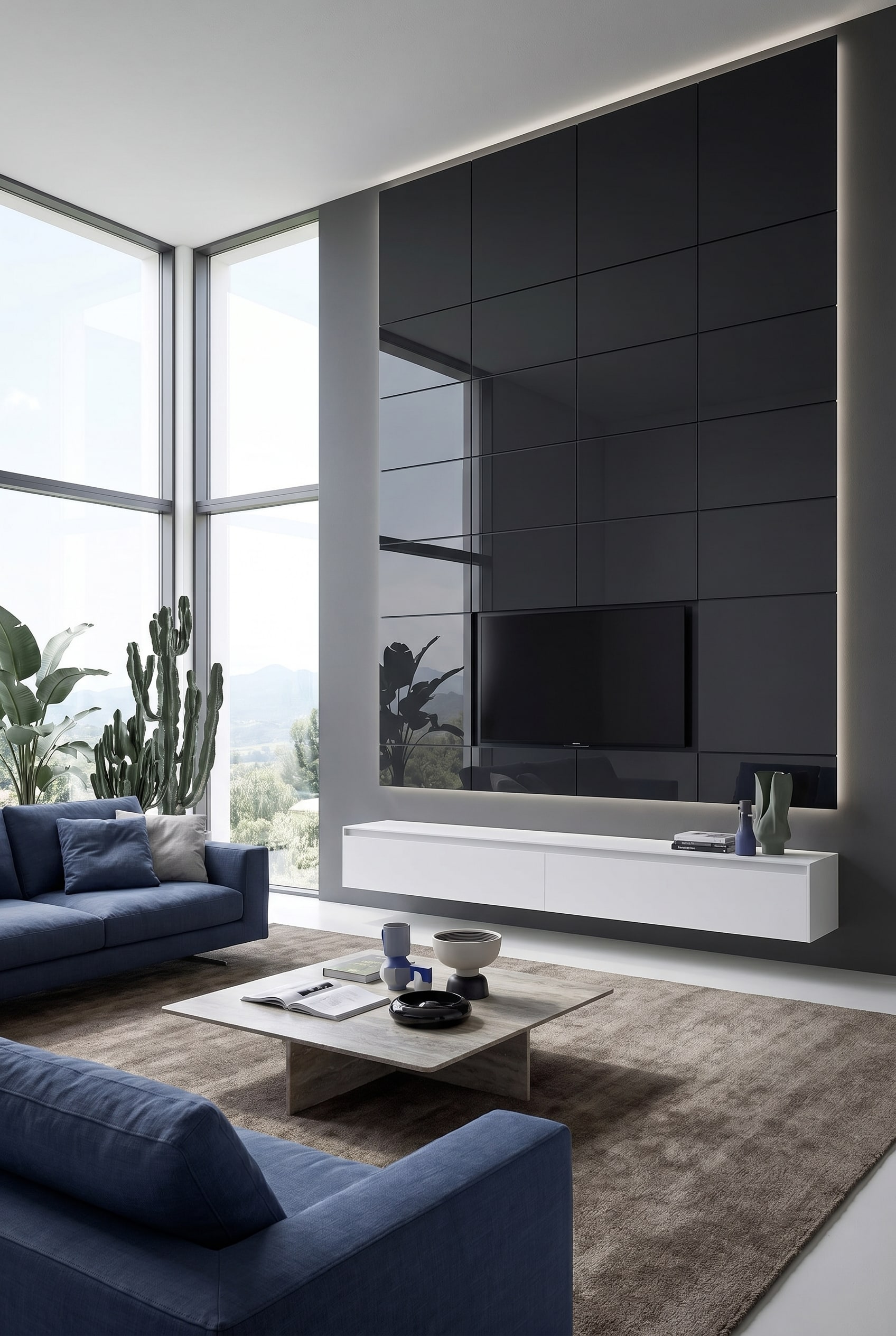 Meuble TV bas blanc sans poign&eacute;e devant un mur anthracite avec Smart TV int&eacute;gr&eacute;e de mani&egrave;re affleurante