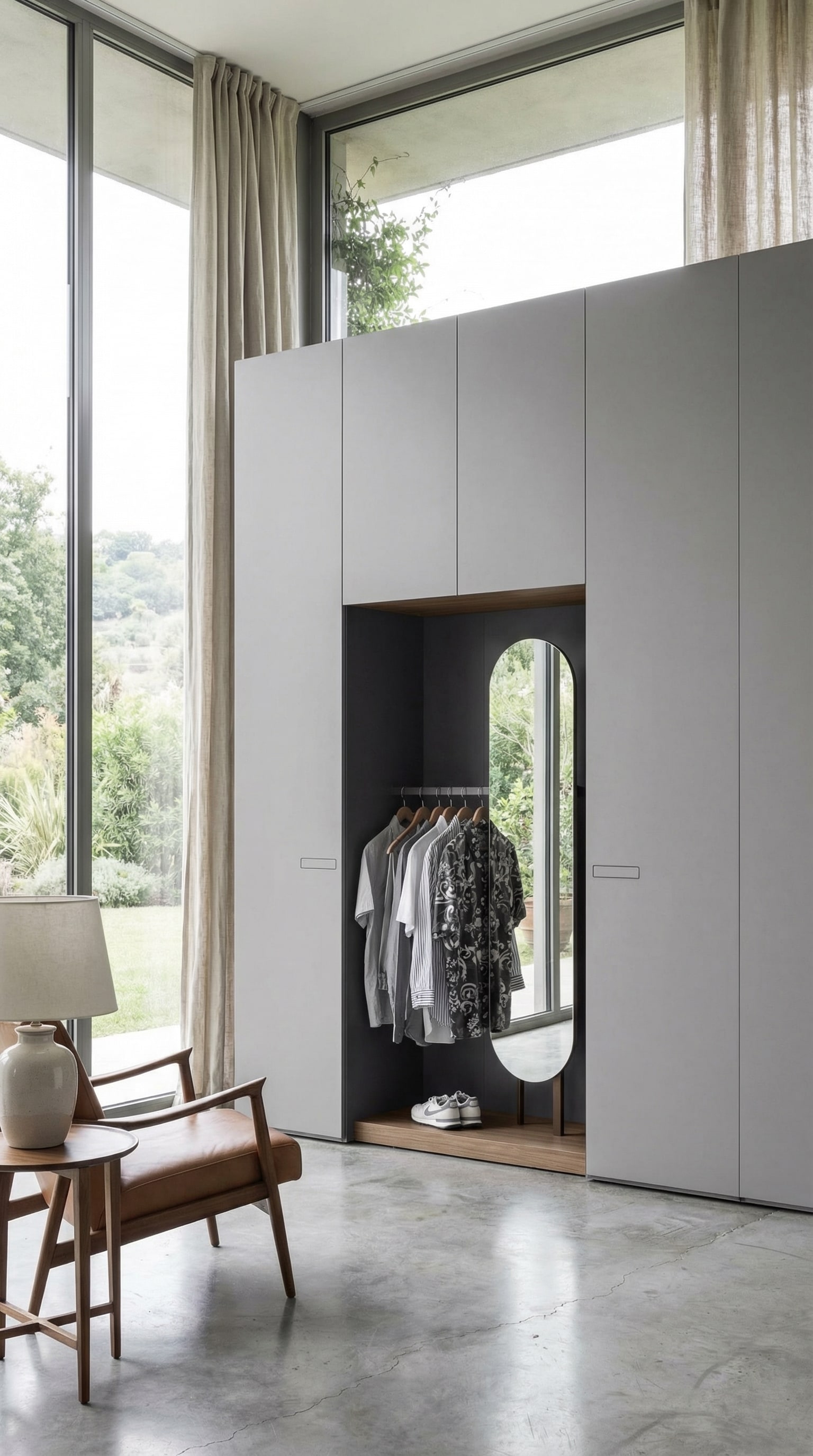 Een moderne kledingkast met een geïntegreerde, open garderobenis in het midden. Een moderne kledingkast met een geïntegreerde, open garderobenis in het midden.