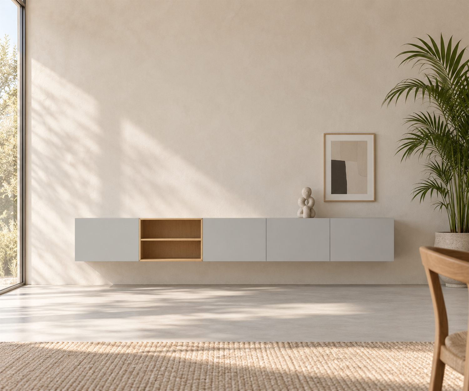 Livitalia Box 18 Wanddressoir 300 cm – Mat lichtgrijs + Licht eiken