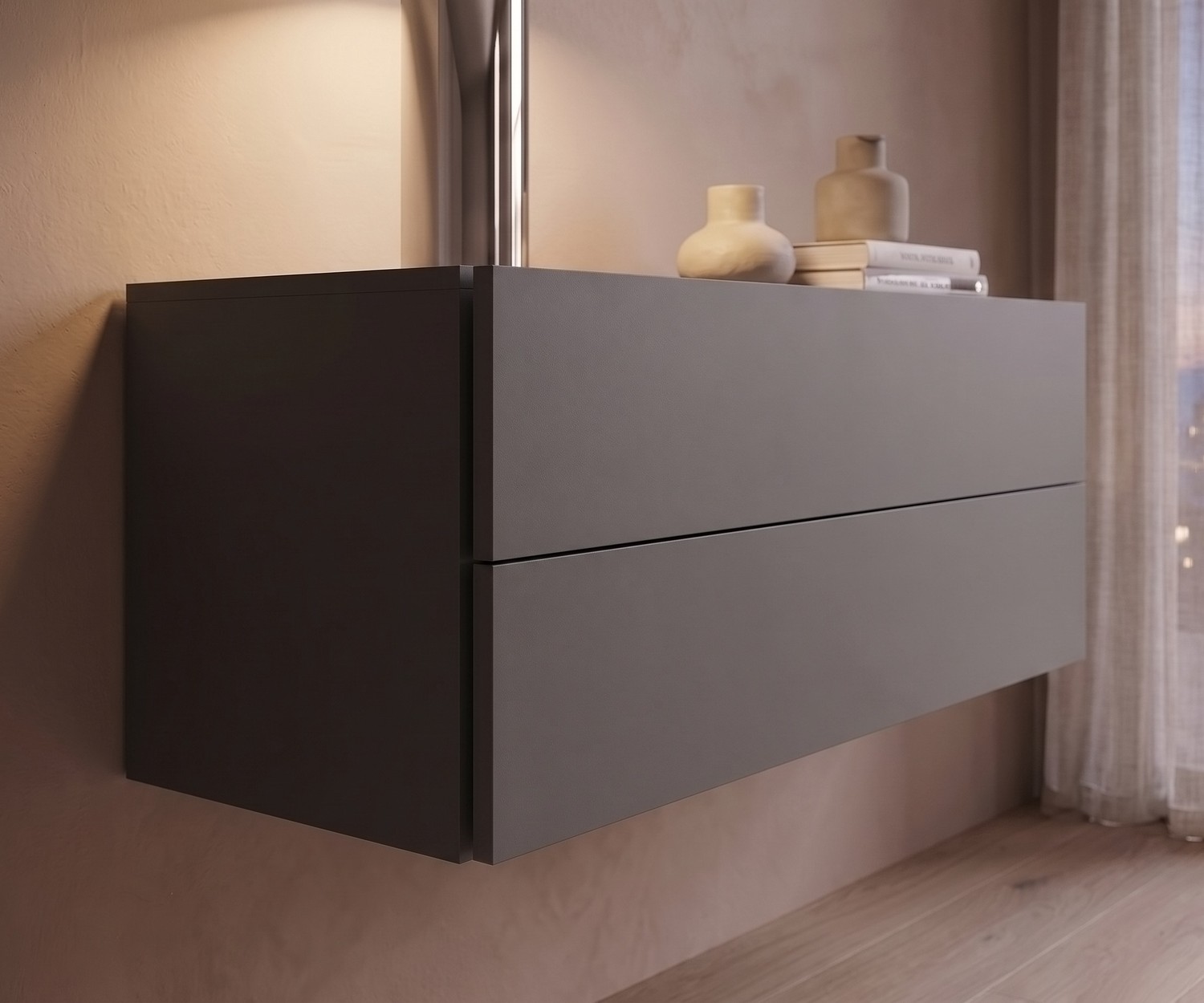Commode suspendue Easy de Novamobili pour la chambre en gris quartz. Meuble flottant minimaliste à deux tiroirs.