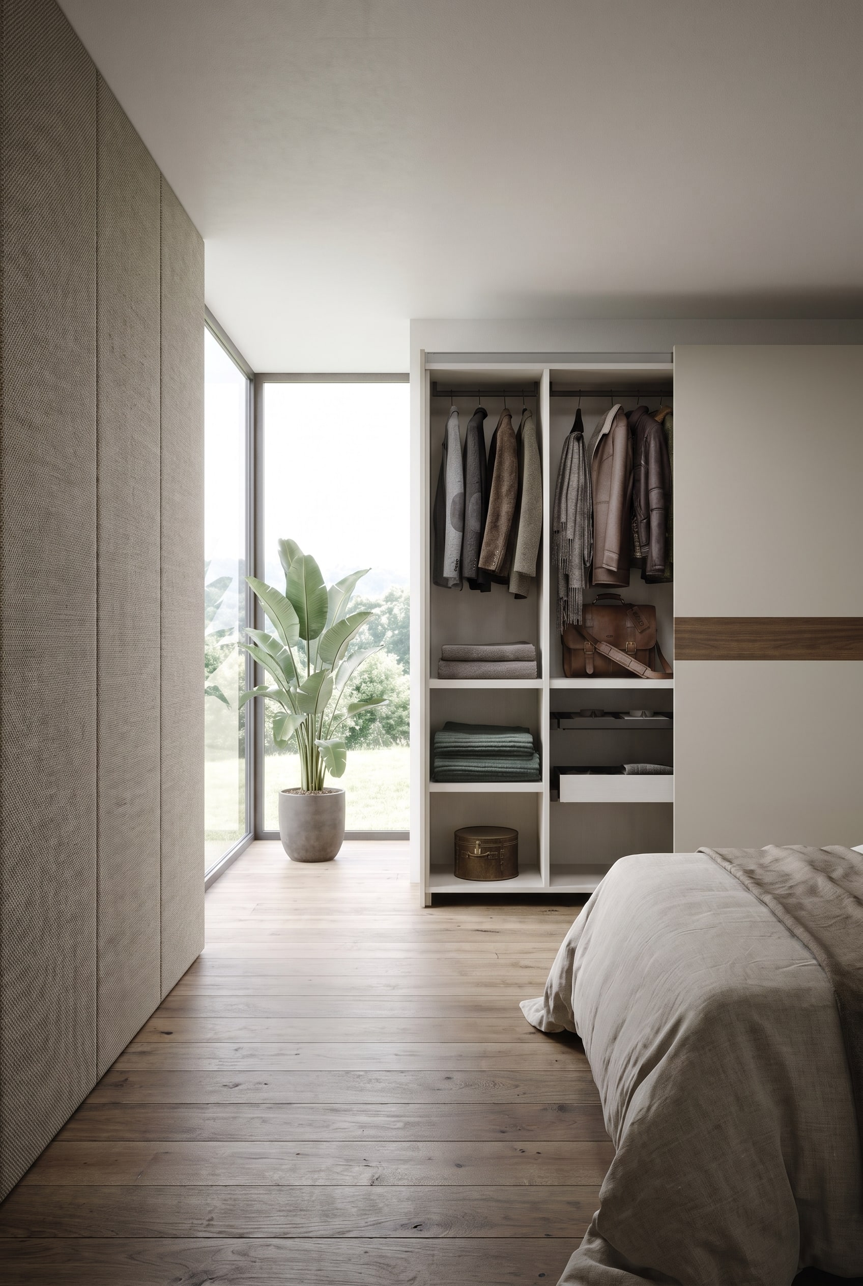 Chambre à coucher avec une grande armoire à portes coulissantes lisses face à un panneau mural textile