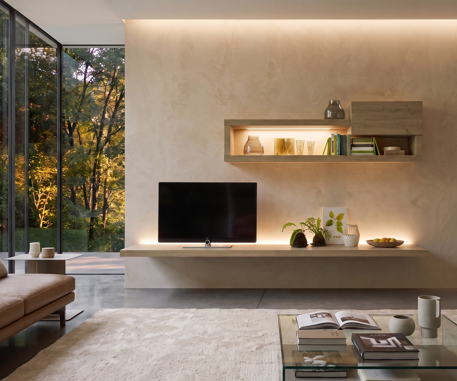 Étagère murale TV suspendue Livitalia Étagère murale TV Livitalia comme meuble bas suspendu en bois clair dans un salon minimaliste avec éclairage LED.