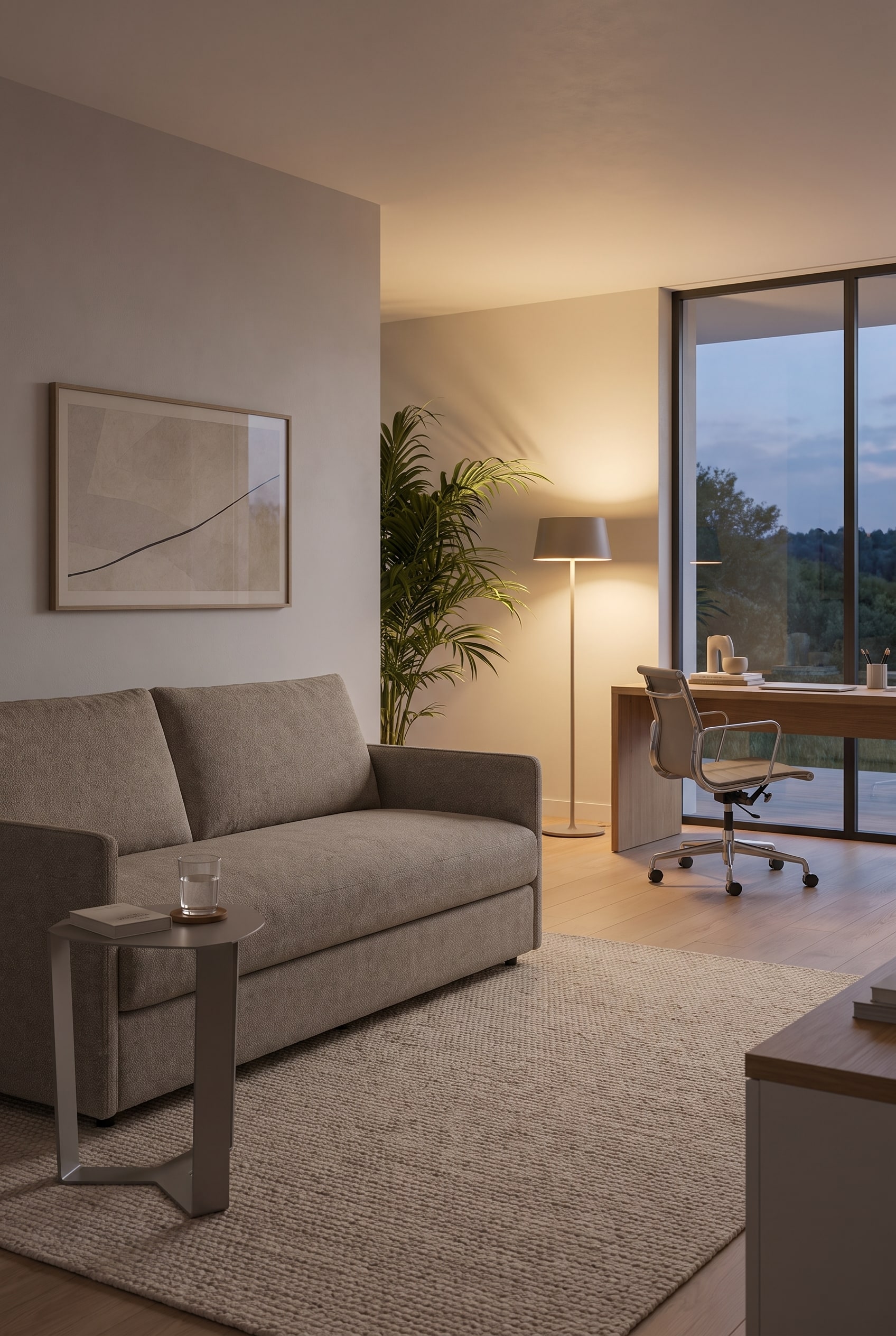 Canapé-lit compact Livitalia Tokino avec accoudoirs étroits dans un bureau à domicile moderne