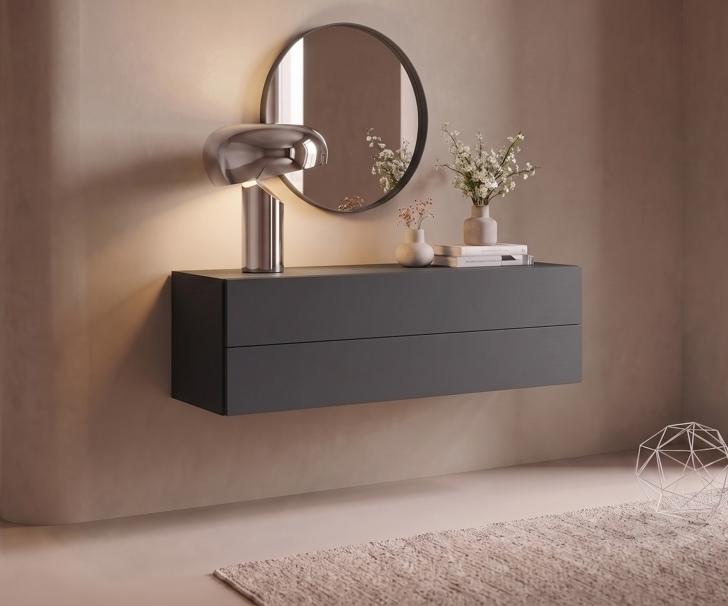 Commode suspendue Easy de Novamobili dans une entrée, buffet mural gris foncé au style moderne et épuré.