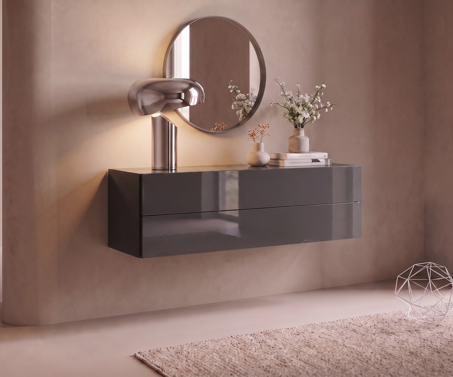 Commode suspendue Novamobili Easy laquée gris brillant Commode suspendue Easy de Novamobili pour l'entrée, laqué gris brillant, style moderne et design minimaliste.