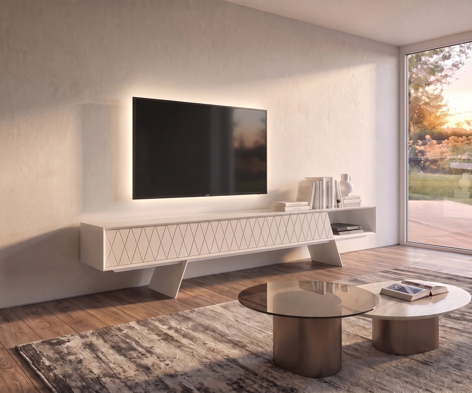 Meuble TV bas al2 e-klipse 008 pour le salon, buffet blanc au design de losanges avec piètement élégant.