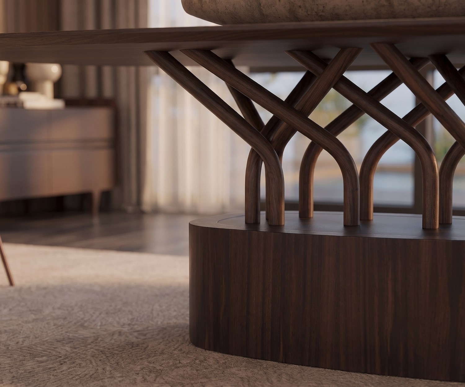 al2 wood-oo 001 a design eettafel met houten voet al2 wood-oo 001 a design eettafel met artistiek houten onderstel in een moderne eetkamer op een beige tapijt