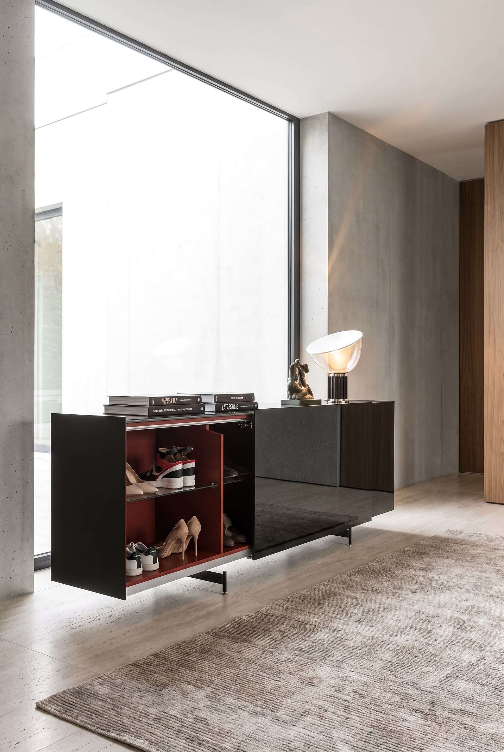 Grande entrée avec un buffet design miroir, des livres d'art empilés et une sculpture