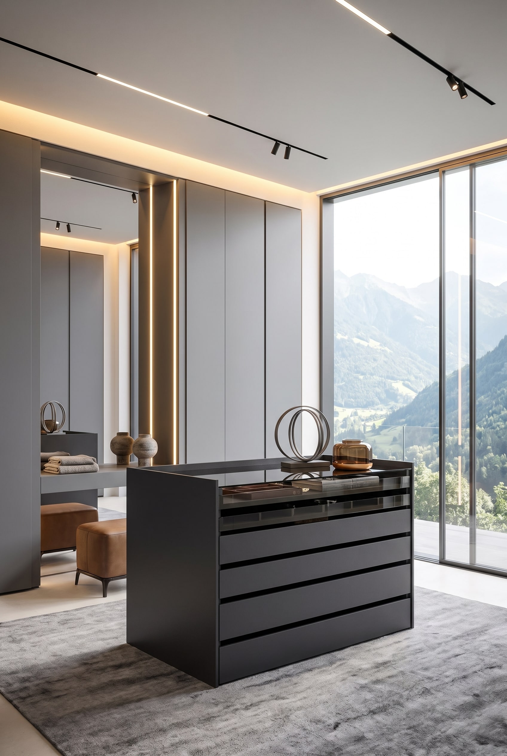 Dressing luxueux avec un îlot central autoportant en anthracite, des inserts en velours sous une plaque de verre et des armoires murales pleine hauteur environnantes