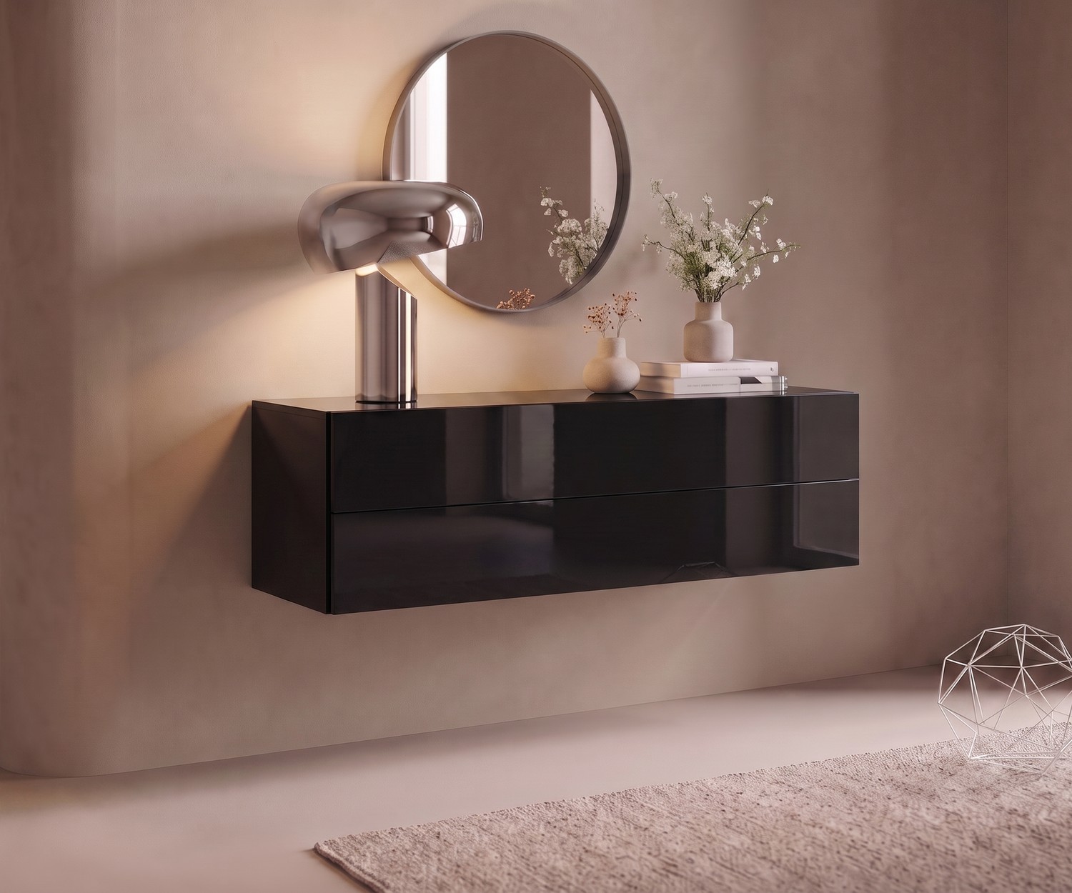 Commode suspendue Novamobili Easy pour l'entrée. Meuble suspendu noir brillant au style moderne avec miroir rond.