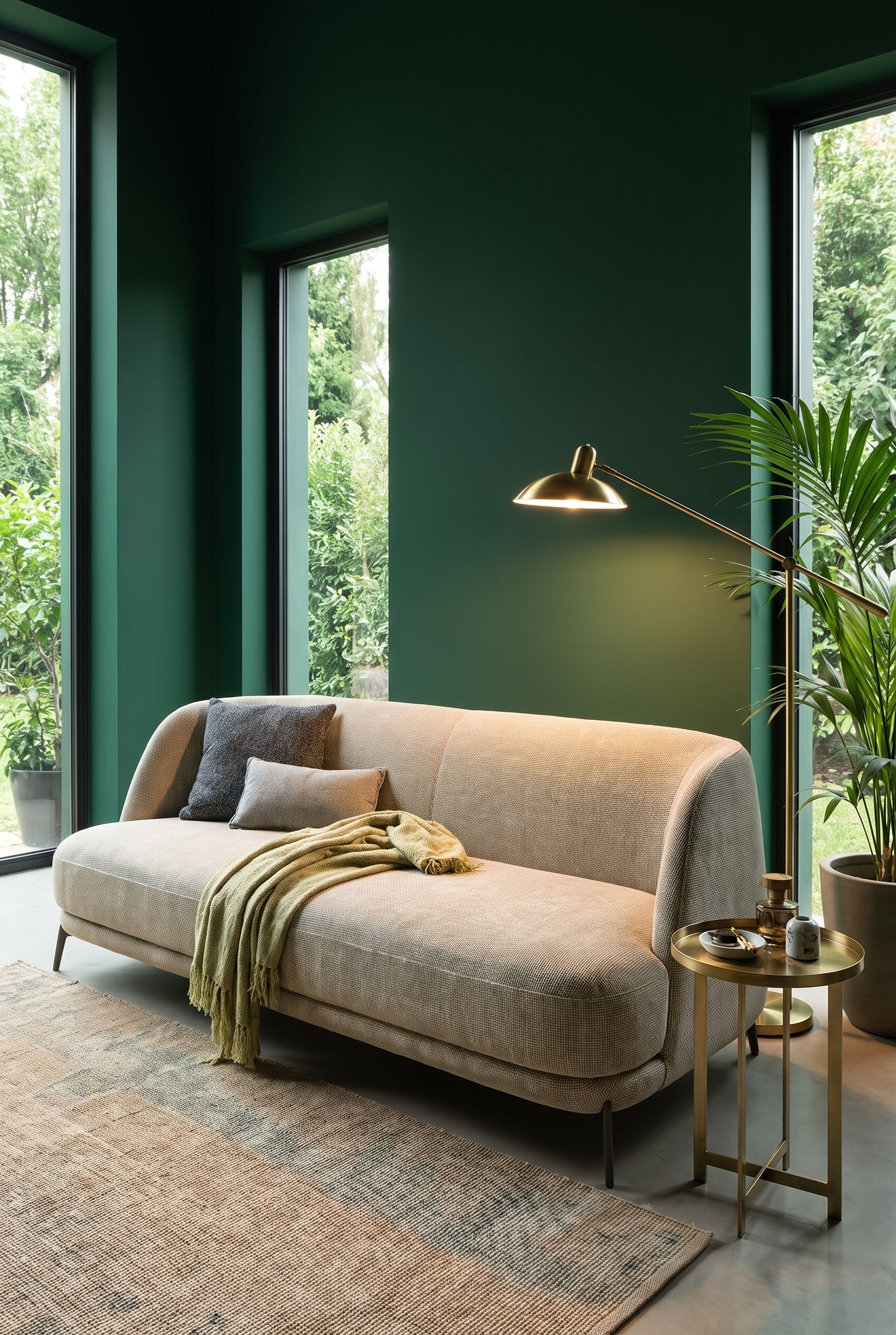 Salon élégant avec des murs vert profond, de grandes fenêtres et un canapé beige clair avec des dossiers arrondis