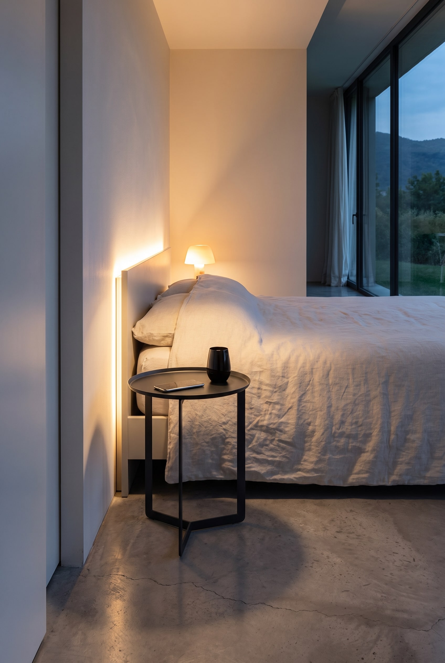 Chambre à coucher moderne très étroite avec la délicate table d'appoint MEME Design Round en métal noir dans la niche