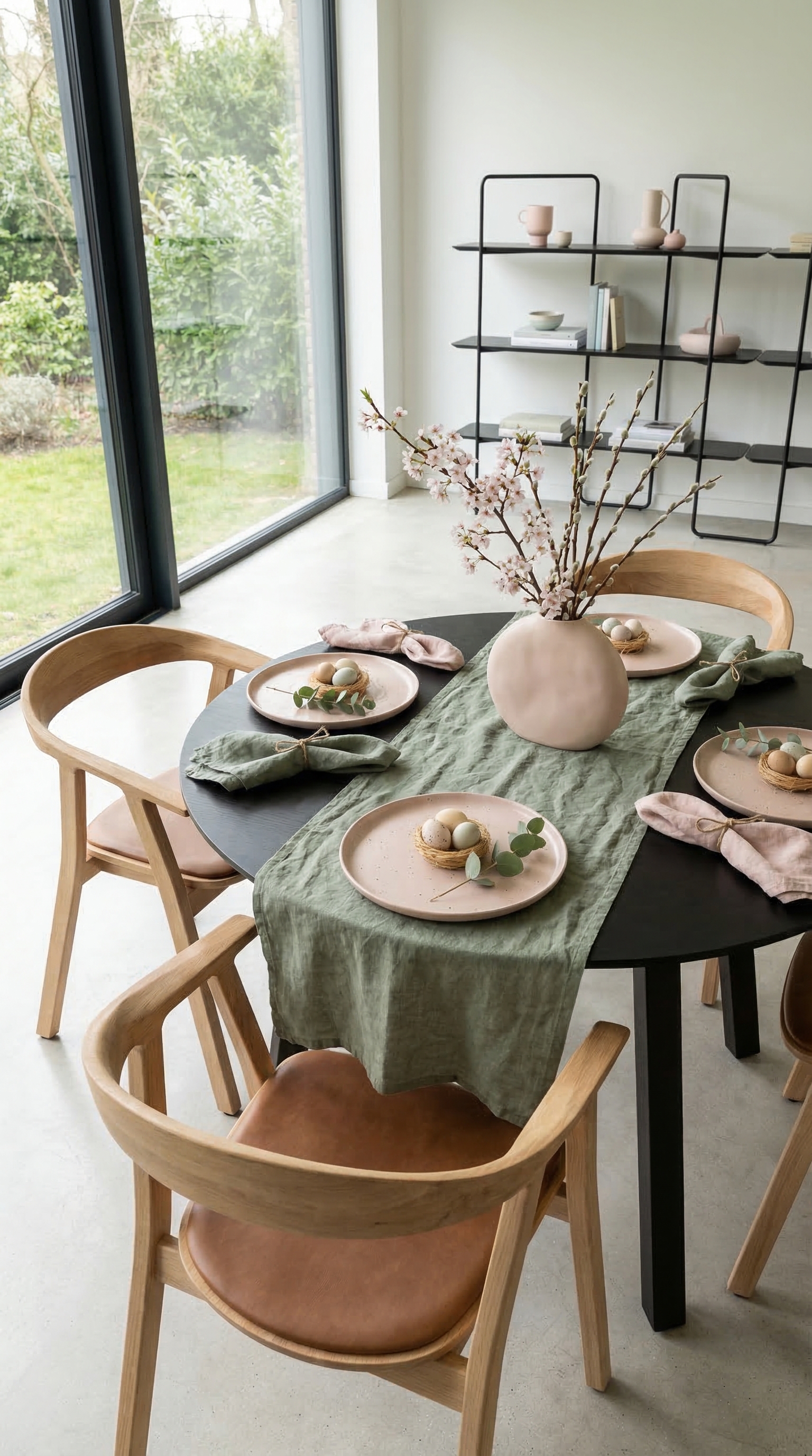 Een feestelijk gedekte eettafel voor de paasbrunch in saliegroen en roze voor grote ramen. Een feestelijk gedekte eettafel voor de paasbrunch in saliegroen en roze voor grote ramen.