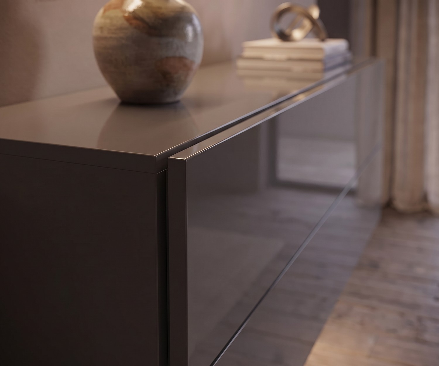 Commode suspendue Easy de Novamobili pour le salon, laqué brillant gris quartz, design minimaliste et élégant.
